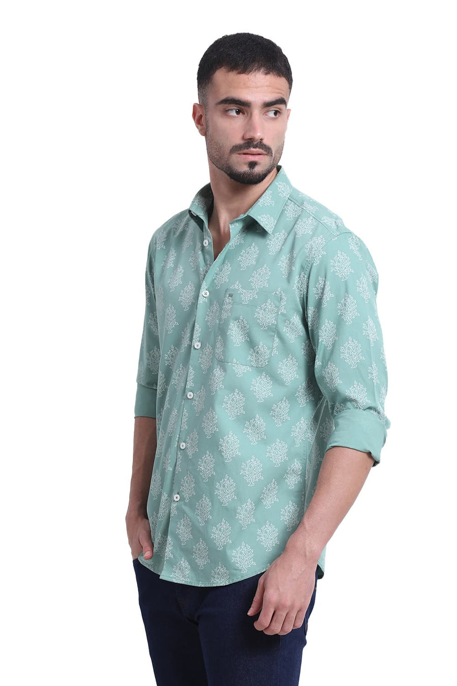BASICS SLIM FIT GRASS GREEN COTTON POPLIN PRINTED SHIRT