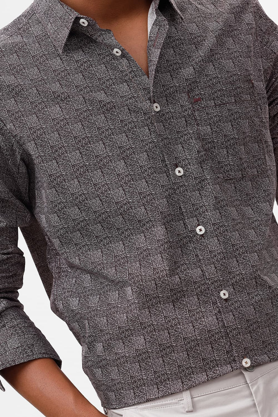 BASICS SLIM FIT MAROON FUDGE COTTON POPLIN PRINTED SHIRT