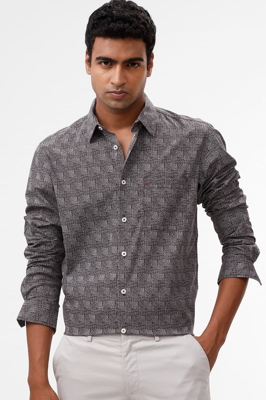 BASICS SLIM FIT MAROON FUDGE COTTON POPLIN PRINTED SHIRT