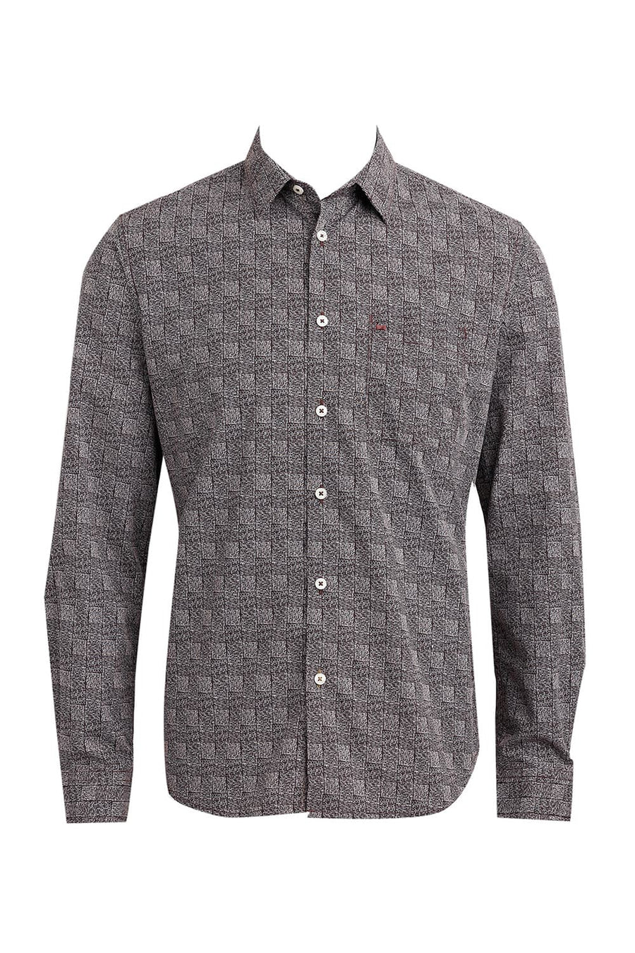 BASICS SLIM FIT MAROON FUDGE COTTON POPLIN PRINTED SHIRT