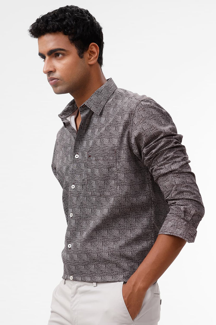 BASICS SLIM FIT MAROON FUDGE COTTON POPLIN PRINTED SHIRT
