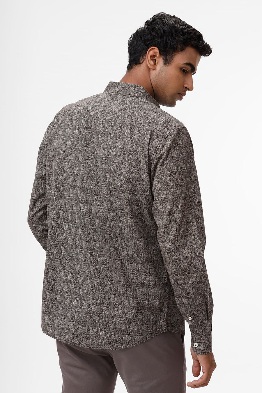 BASICS SLIM FIT CARAFE BROWN COTTON POPLIN PRINTED SHIRT
