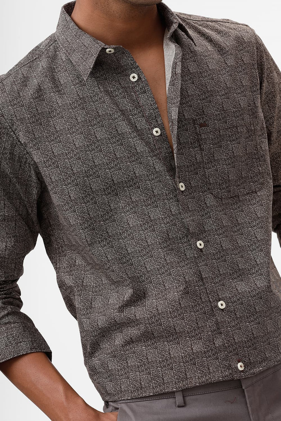 BASICS SLIM FIT CARAFE BROWN COTTON POPLIN PRINTED SHIRT