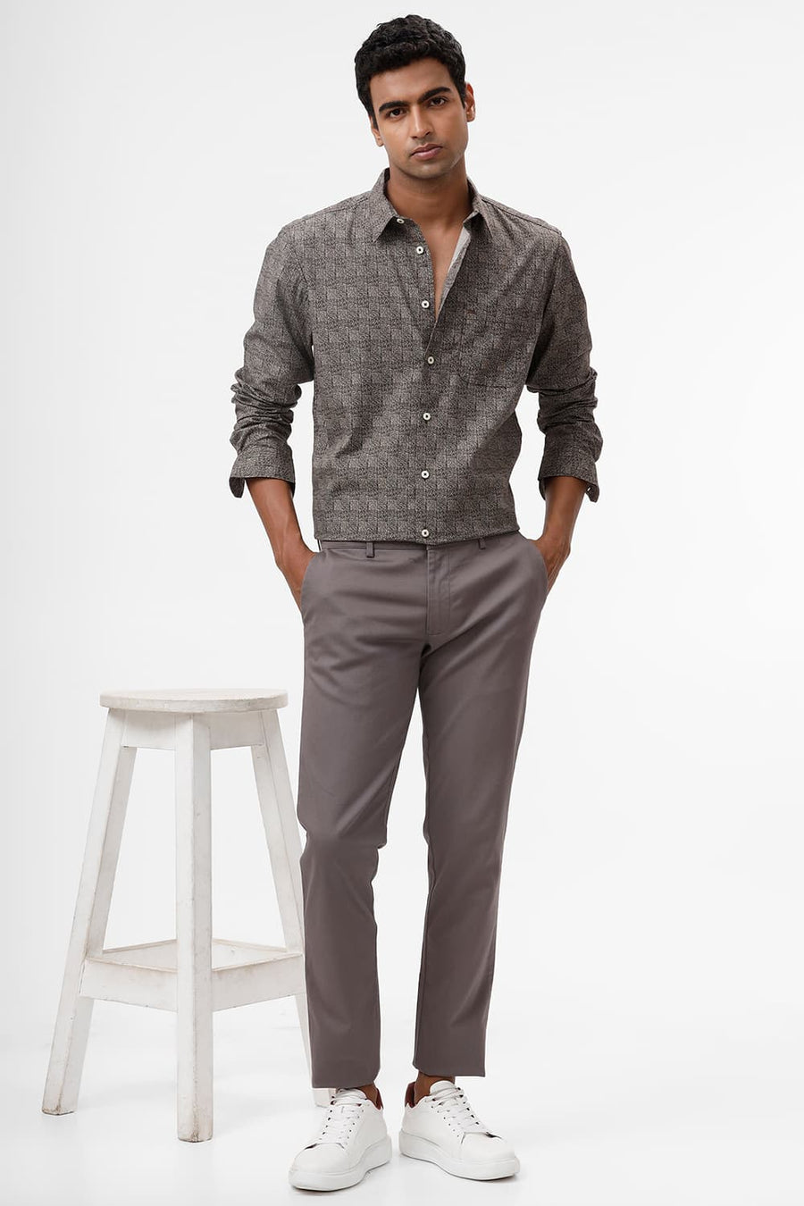 BASICS SLIM FIT CARAFE BROWN COTTON POPLIN PRINTED SHIRT