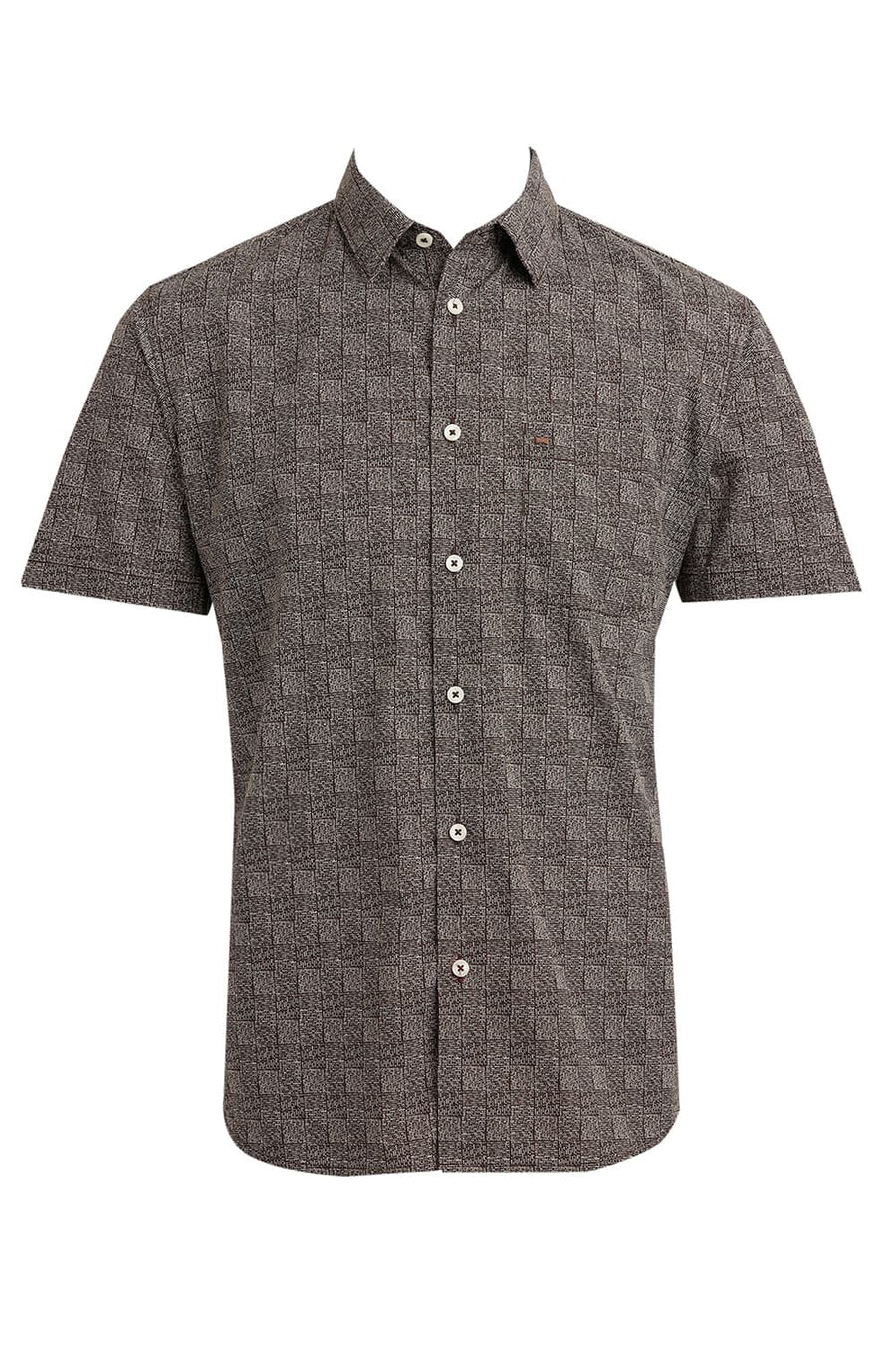 BASICS SLIM FIT CARAFE BROWN COTTON POPLIN PRINTED HALFSLEEVES SHIRT