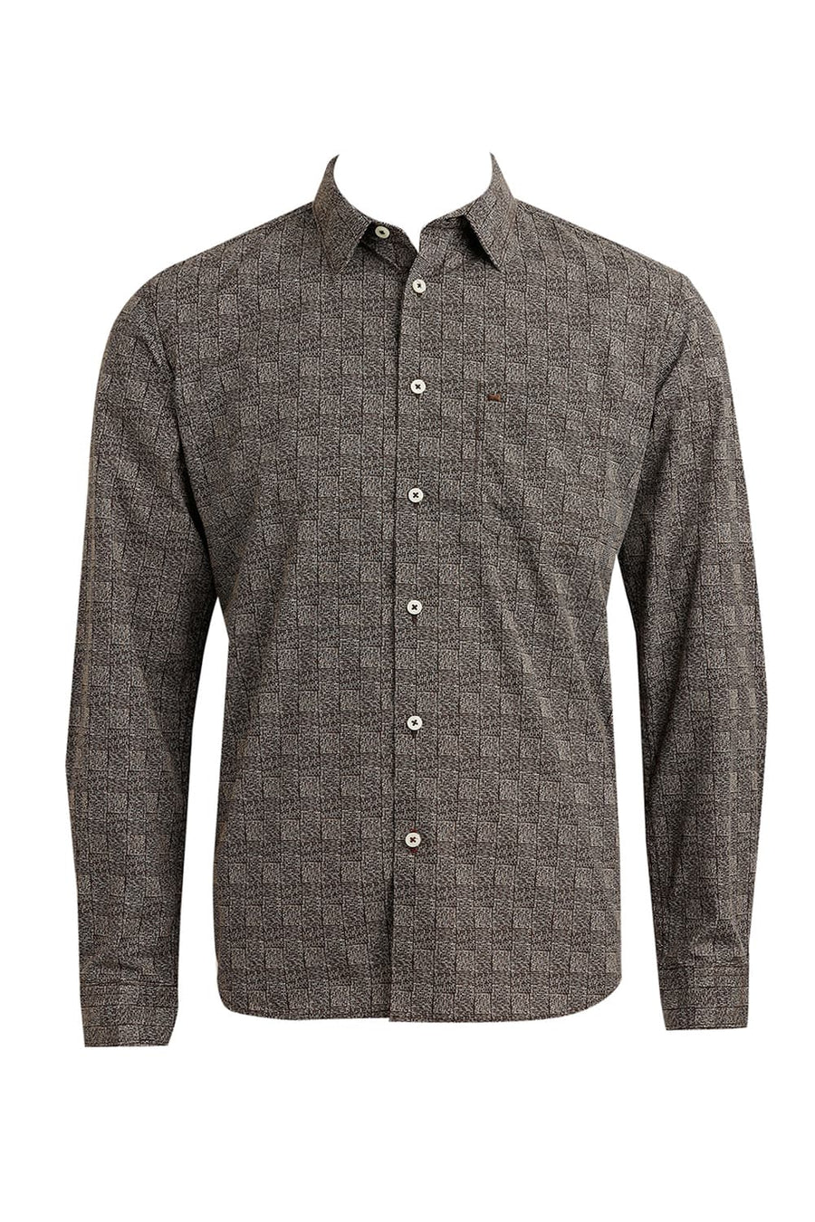 BASICS SLIM FIT CARAFE BROWN COTTON POPLIN PRINTED SHIRT
