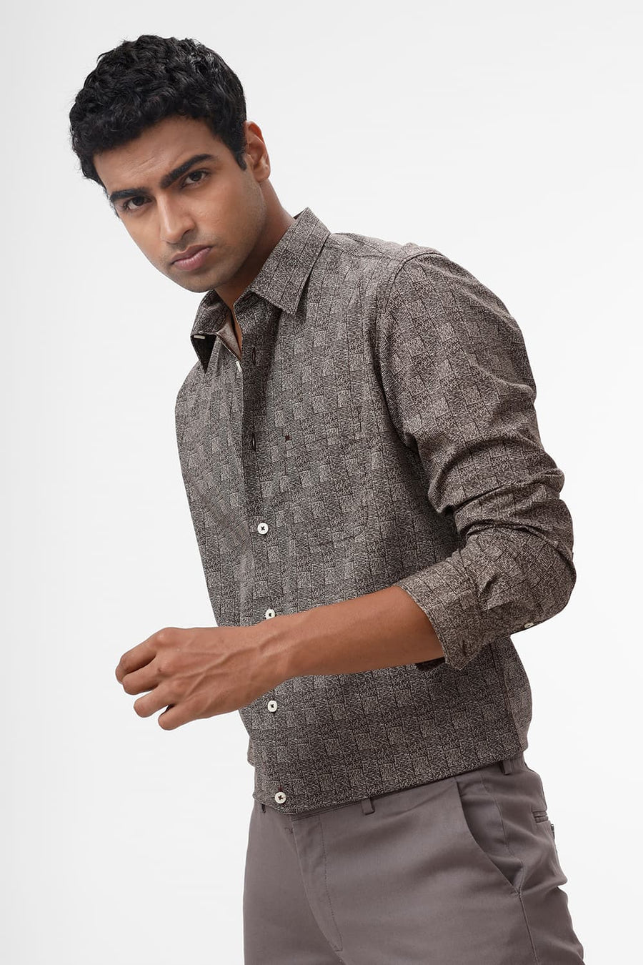 BASICS SLIM FIT CARAFE BROWN COTTON POPLIN PRINTED SHIRT
