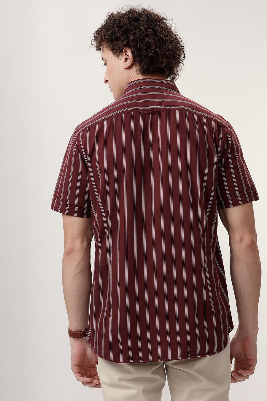 BASICS SLIM FIT ANDORRA MAROON COTTON TWILL STRIPE HALFSLEEVES SHIRT