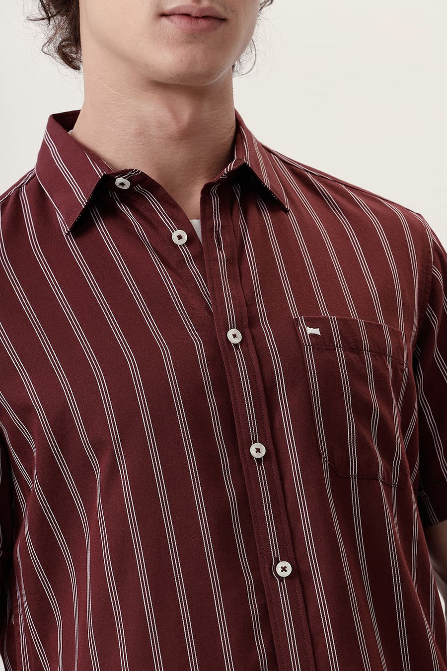 BASICS SLIM FIT ANDORRA MAROON COTTON TWILL STRIPE HALFSLEEVES SHIRT