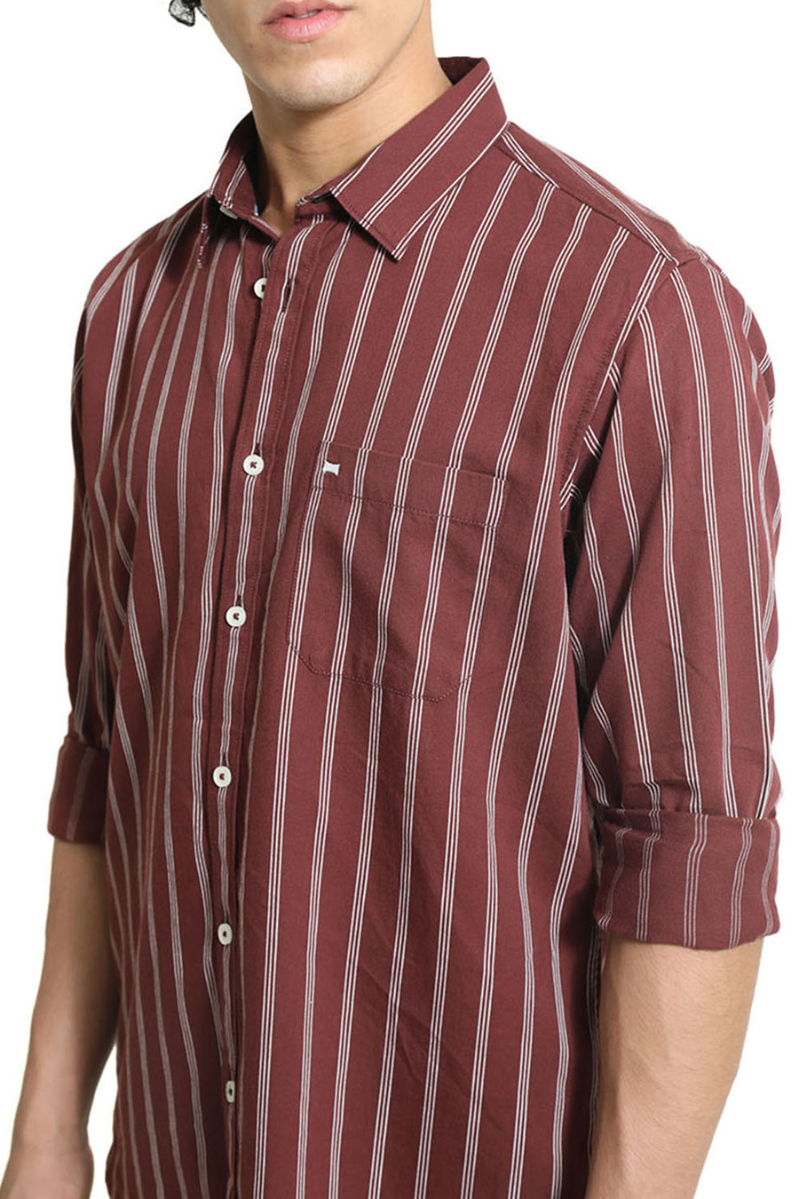 BASICS SLIM FIT ANDORRA MAROON COTTON TWILL STRIPE SHIRT