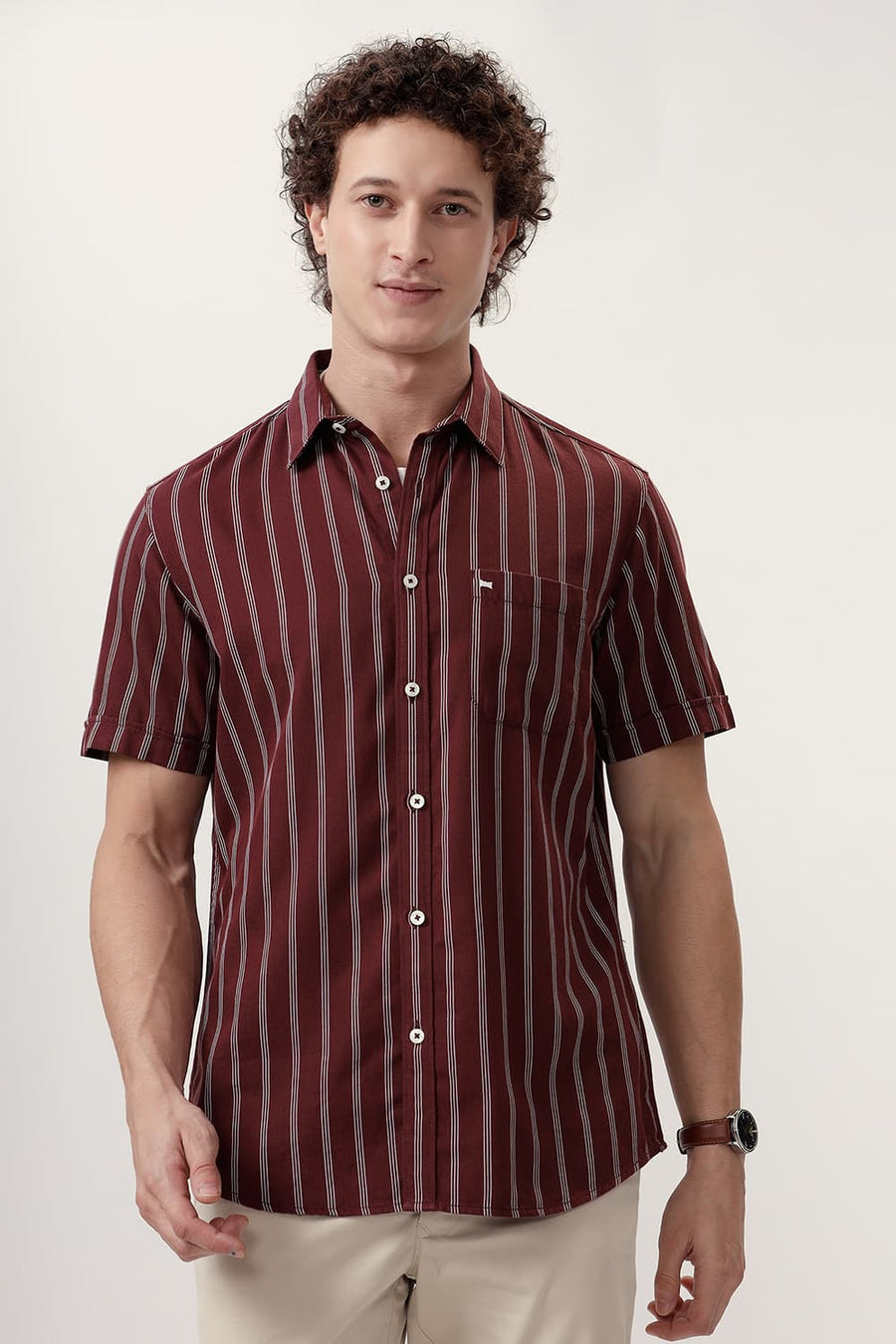 BASICS SLIM FIT ANDORRA MAROON COTTON TWILL STRIPE HALFSLEEVES SHIRT