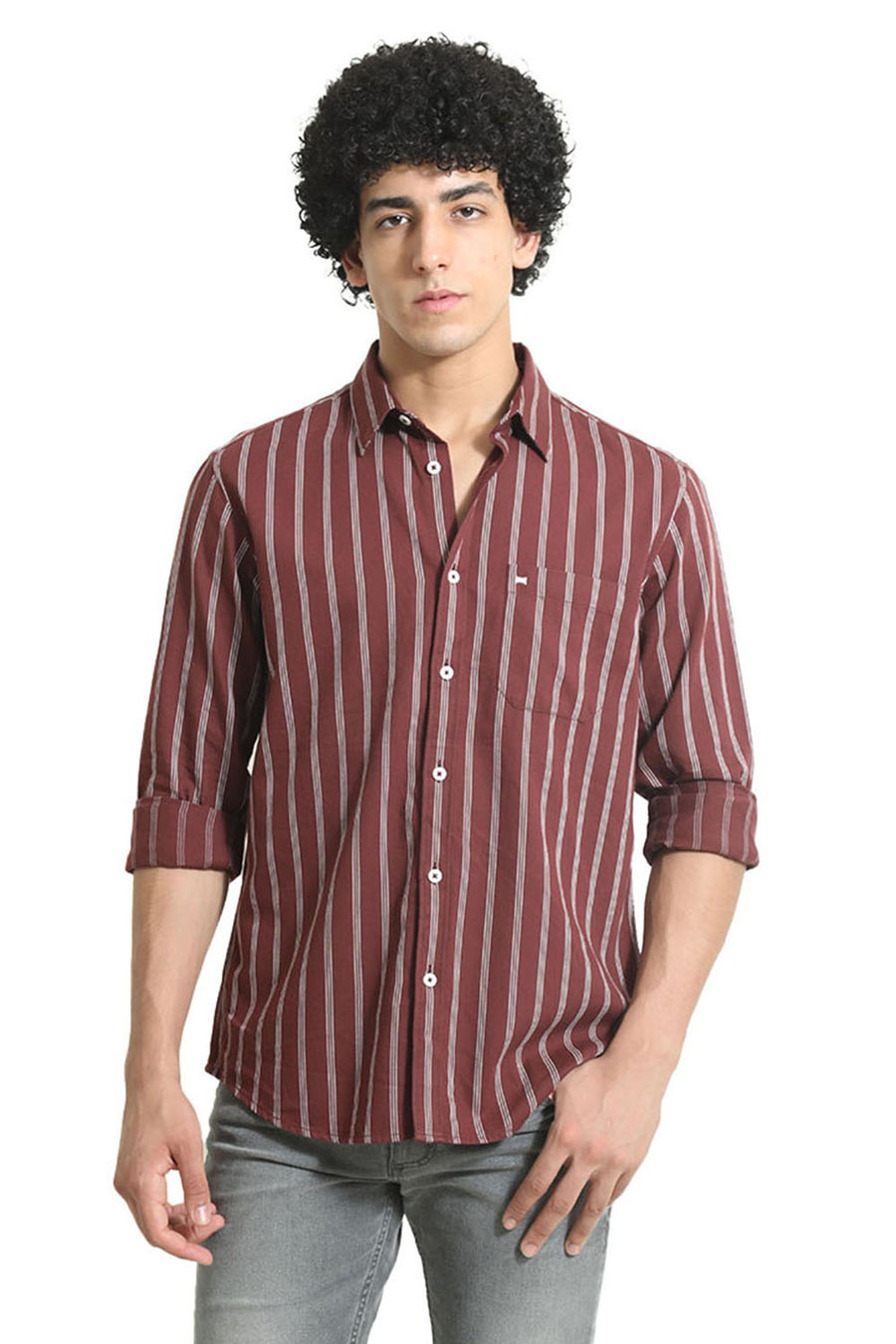 BASICS SLIM FIT ANDORRA MAROON COTTON TWILL STRIPE SHIRT