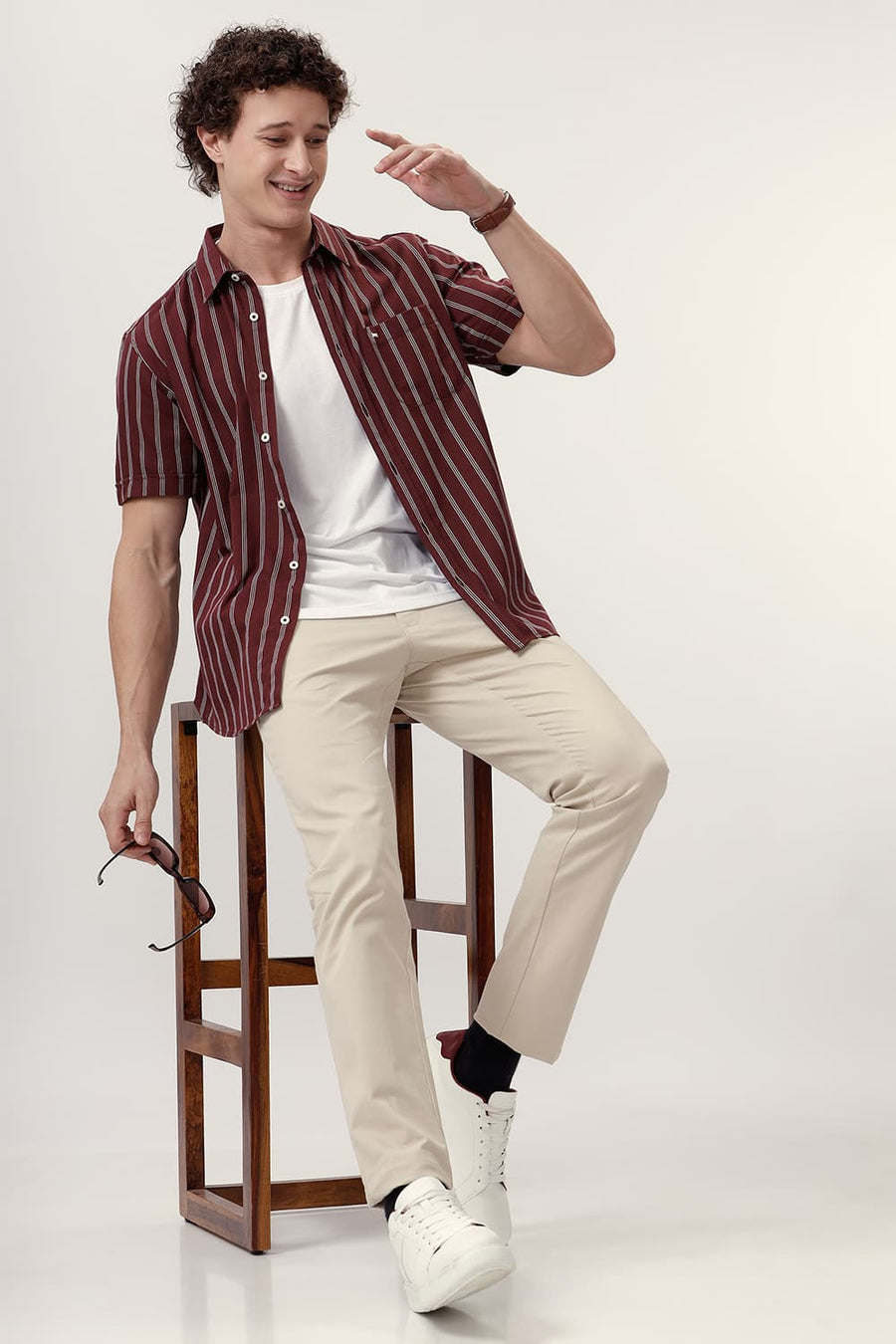 BASICS SLIM FIT ANDORRA MAROON COTTON TWILL STRIPE HALFSLEEVES SHIRT