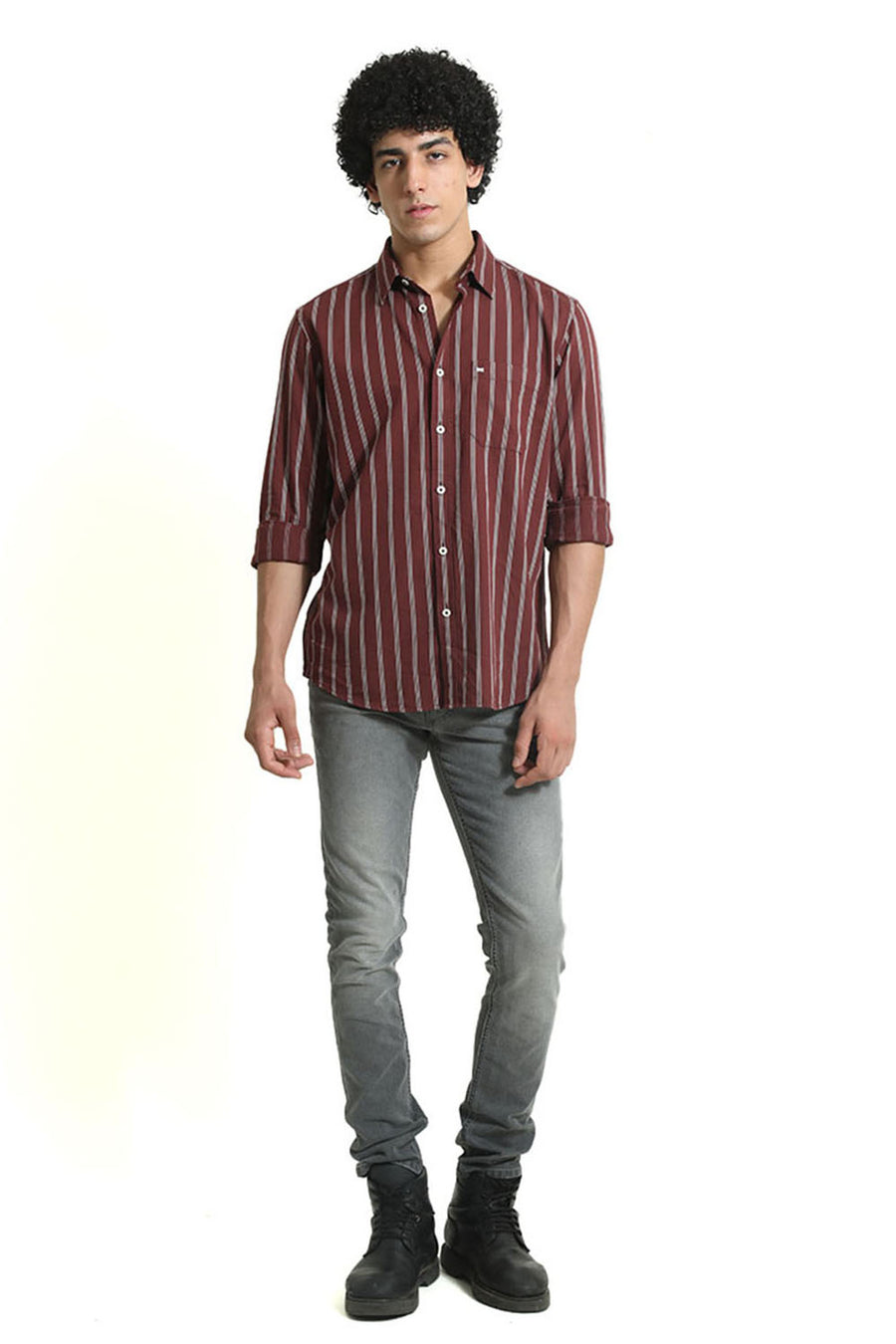 BASICS SLIM FIT ANDORRA MAROON COTTON TWILL STRIPE SHIRT