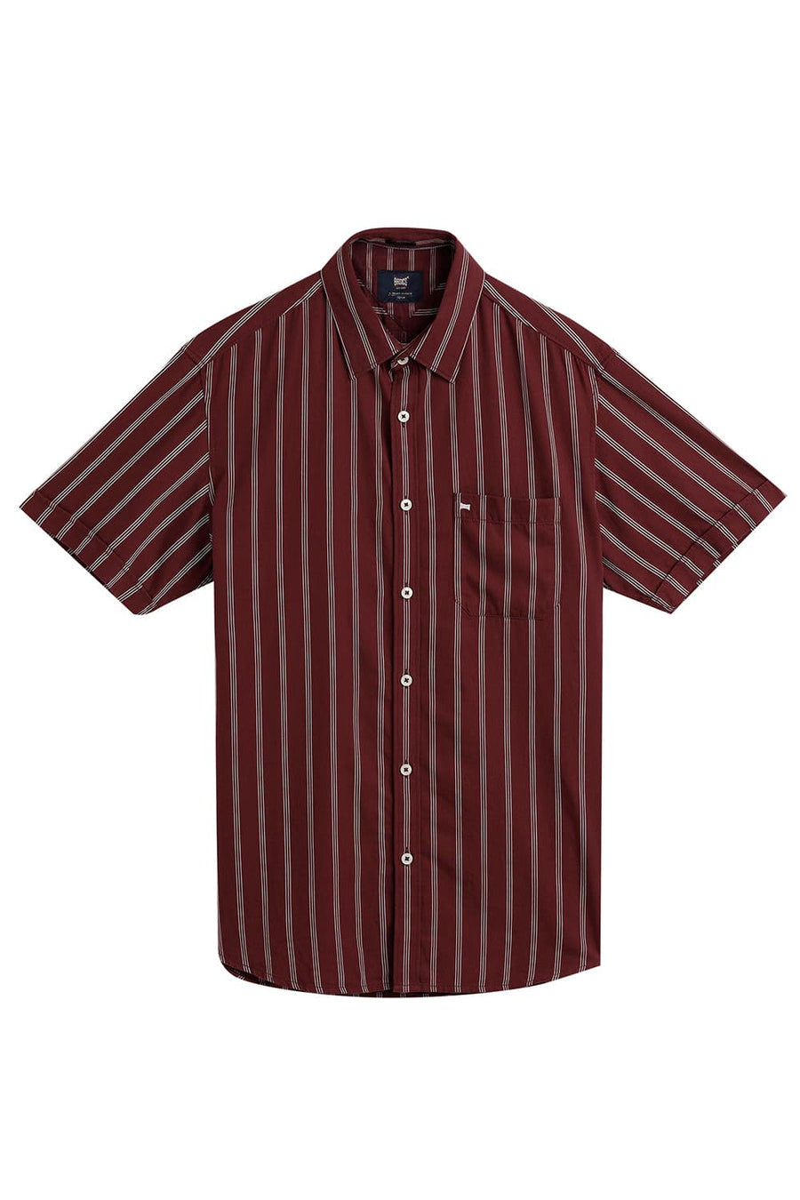BASICS SLIM FIT ANDORRA MAROON COTTON TWILL STRIPE HALFSLEEVES SHIRT