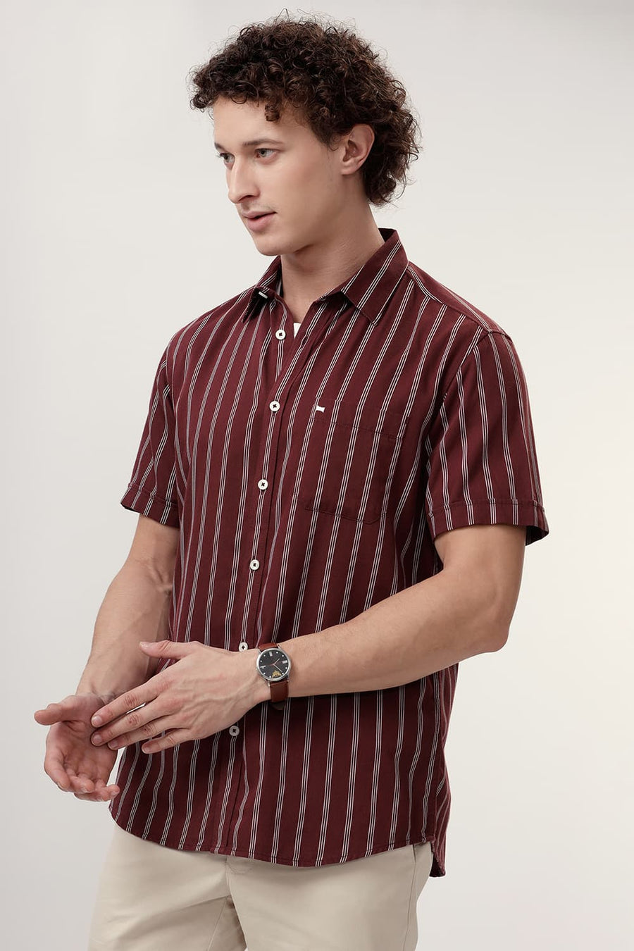 BASICS SLIM FIT ANDORRA MAROON COTTON TWILL STRIPE HALFSLEEVES SHIRT