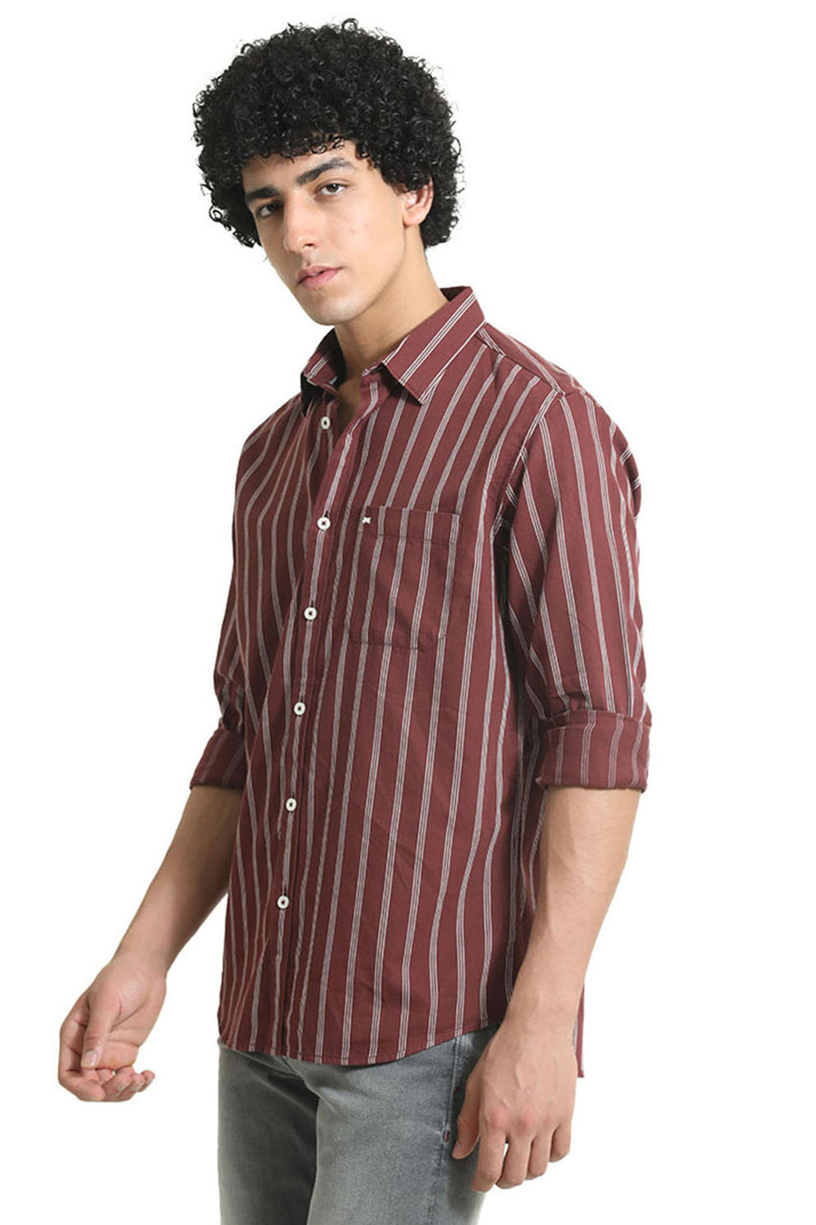 BASICS SLIM FIT ANDORRA MAROON COTTON TWILL STRIPE SHIRT
