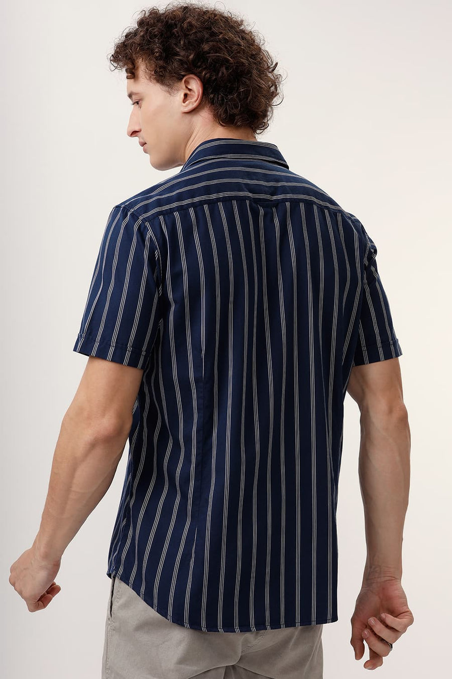 BASICS SLIM FIT NAVY BLAZER COTTON TWILL STRIPE HALFSLEEVES SHIRT