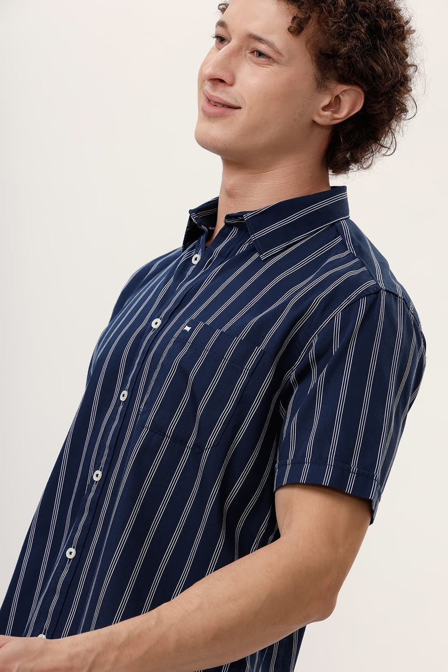 BASICS SLIM FIT NAVY BLAZER COTTON TWILL STRIPE HALFSLEEVES SHIRT