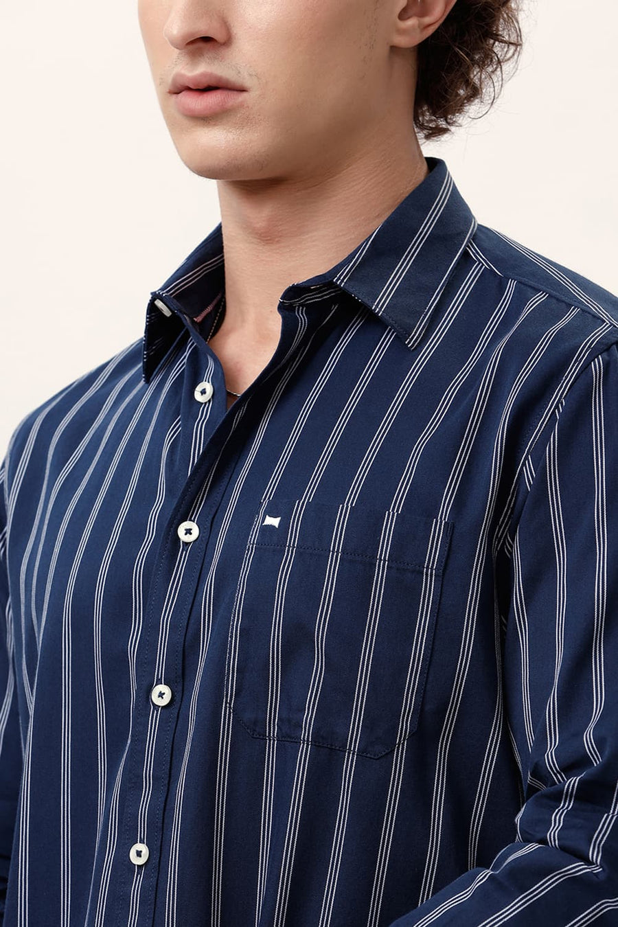BASICS SLIM FIT NAVY BLAZER COTTON TWILL STRIPE SHIRT