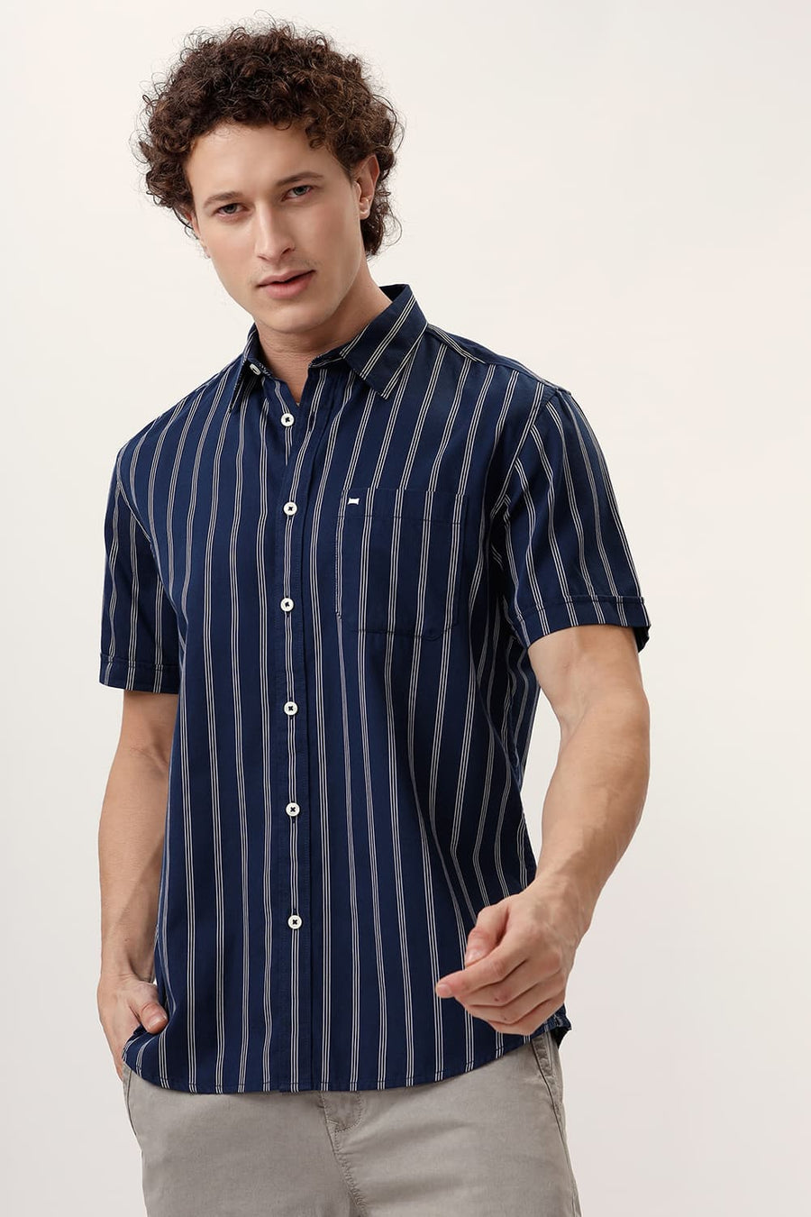 BASICS SLIM FIT NAVY BLAZER COTTON TWILL STRIPE HALFSLEEVES SHIRT