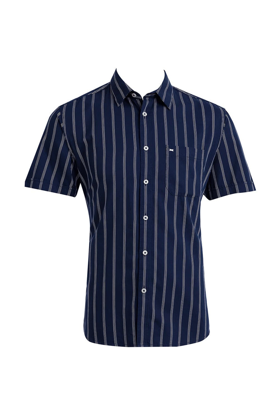 BASICS SLIM FIT NAVY BLAZER COTTON TWILL STRIPE HALFSLEEVES SHIRT