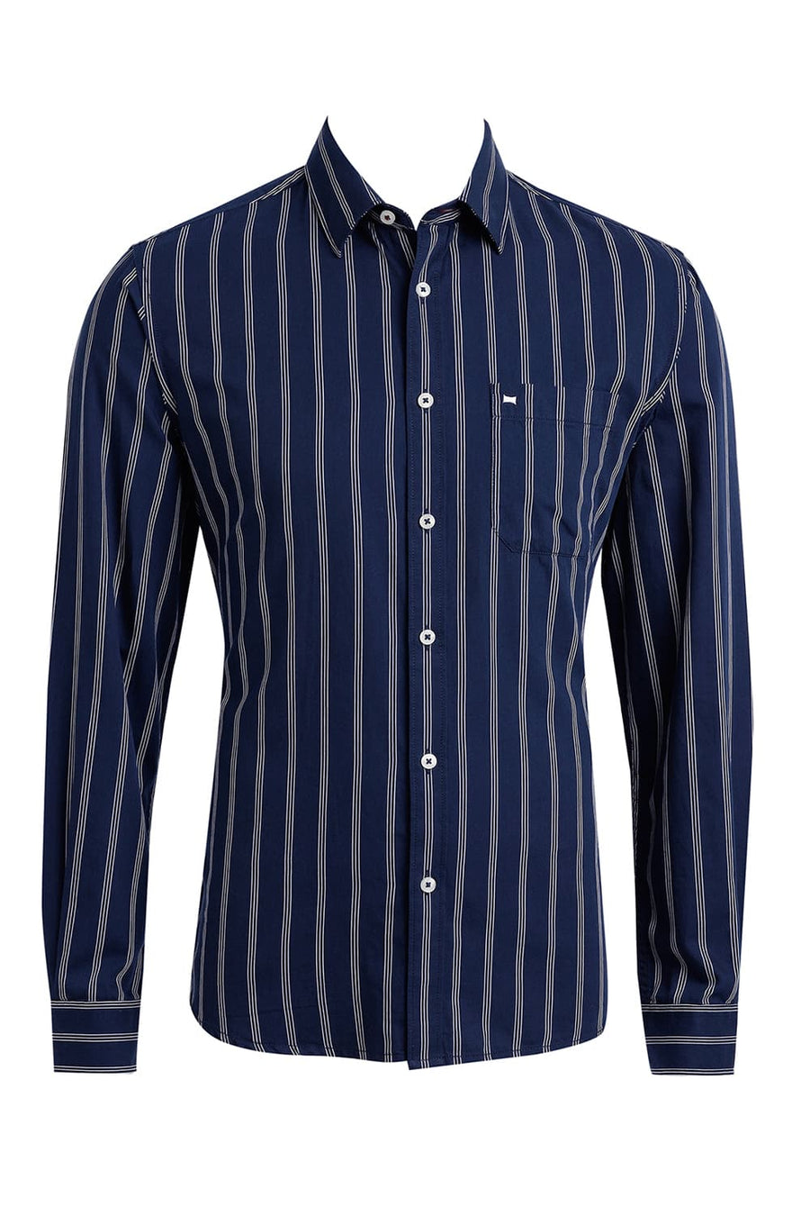 BASICS SLIM FIT NAVY BLAZER COTTON TWILL STRIPE SHIRT