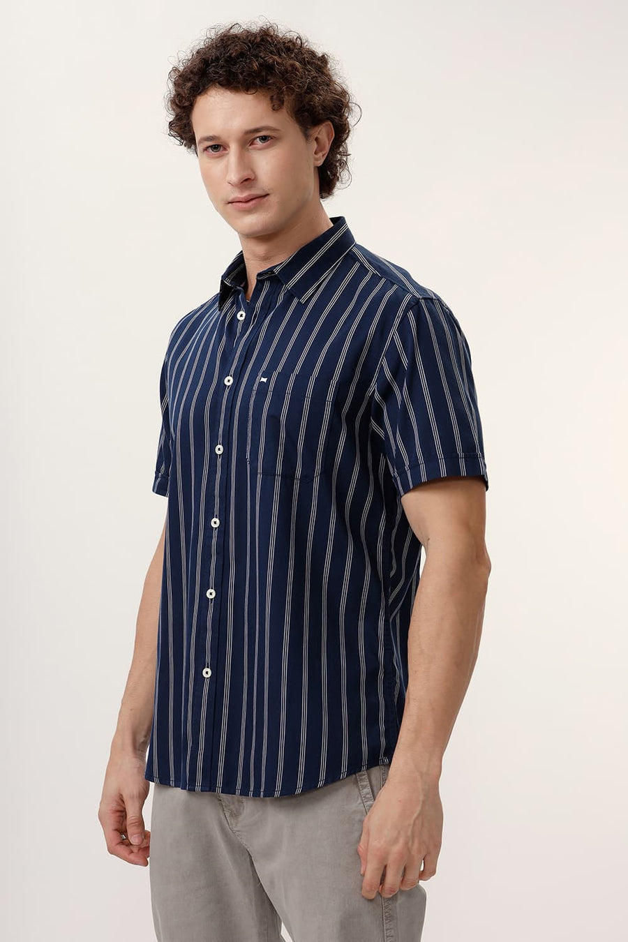BASICS SLIM FIT NAVY BLAZER COTTON TWILL STRIPE HALFSLEEVES SHIRT