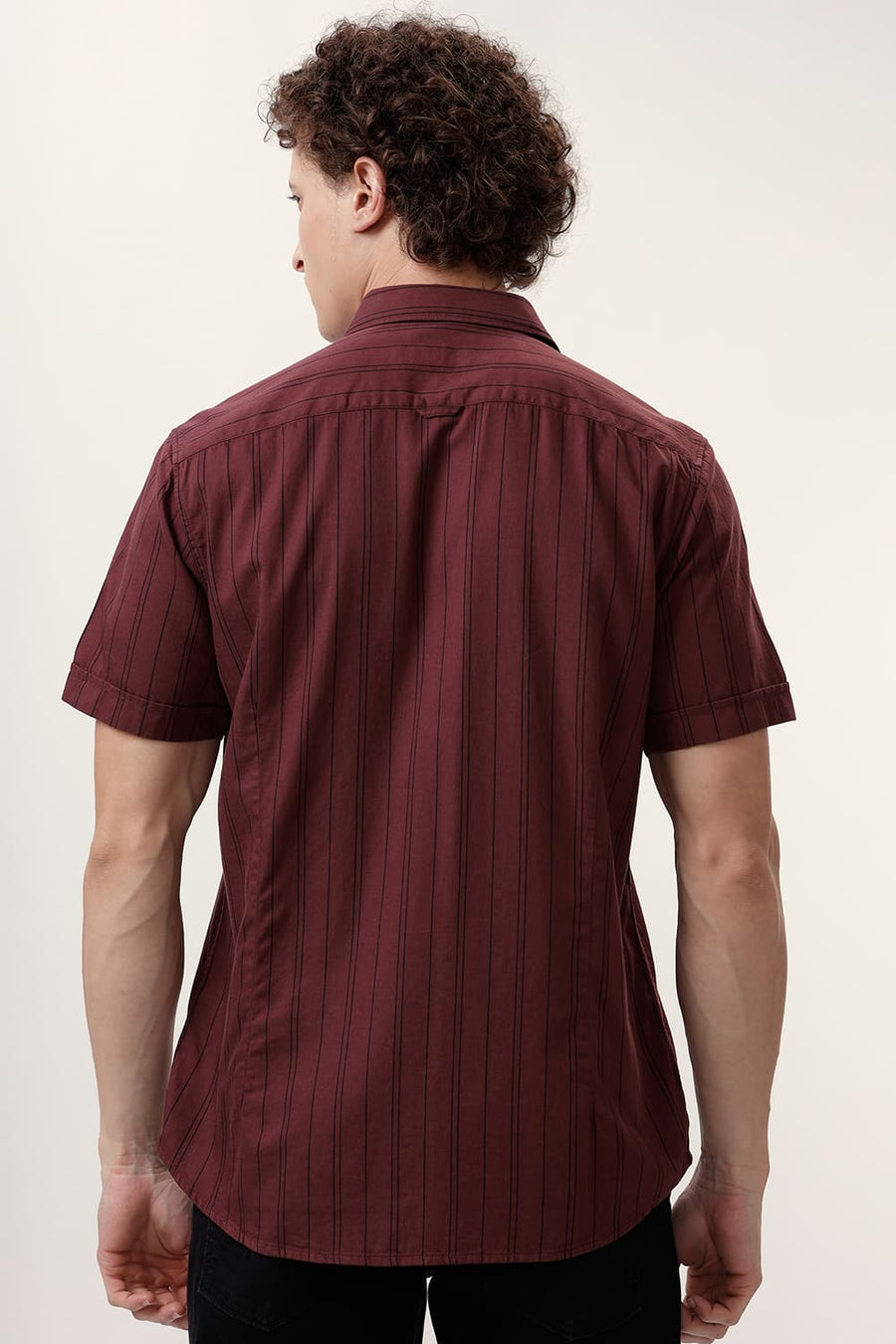 BASICS SLIM FIT MAROON WINE COTTON TWILL STRIPE HALFSLEEVES SHIRT