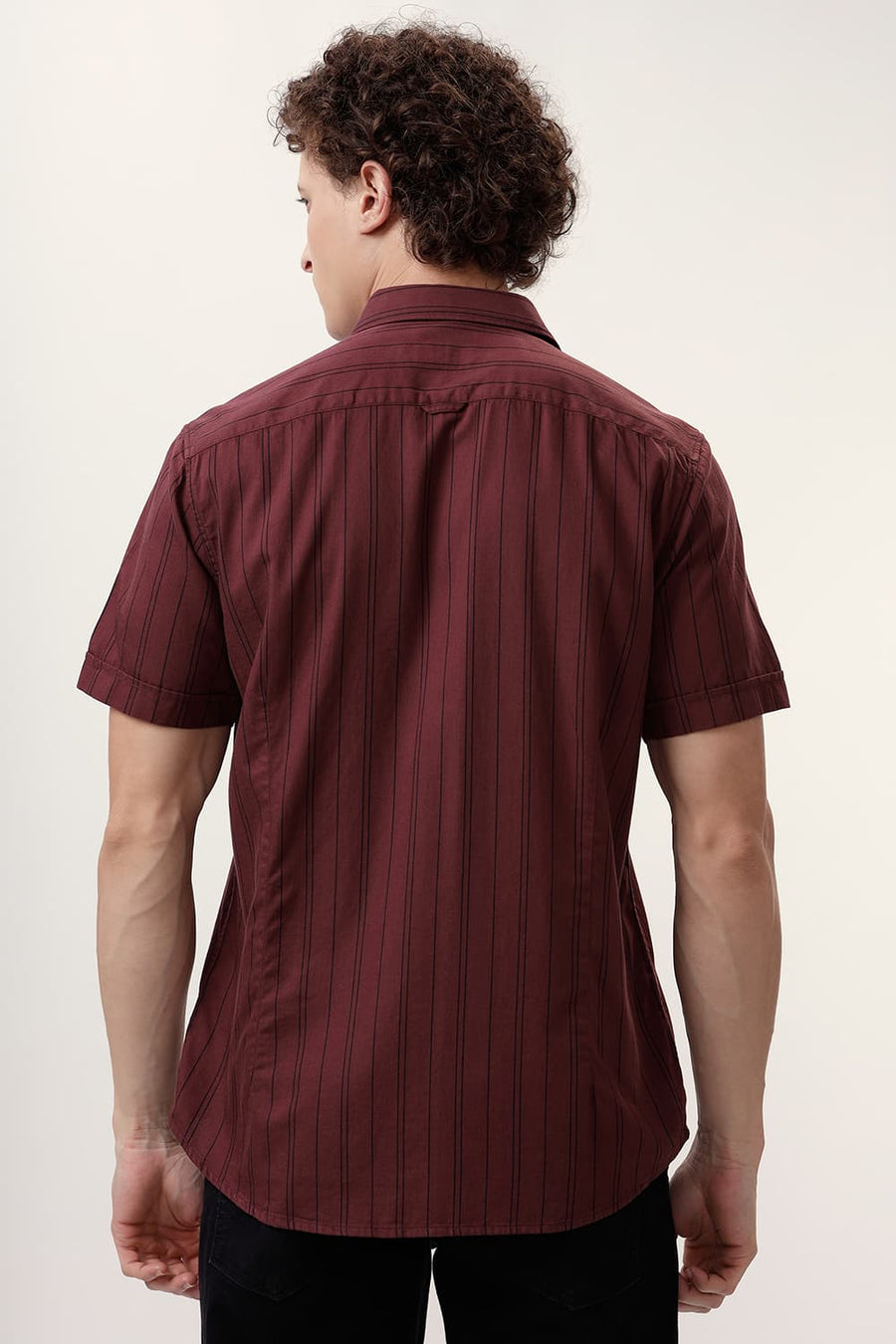 BASICS SLIM FIT MAROON WINE COTTON TWILL STRIPE SHIRT