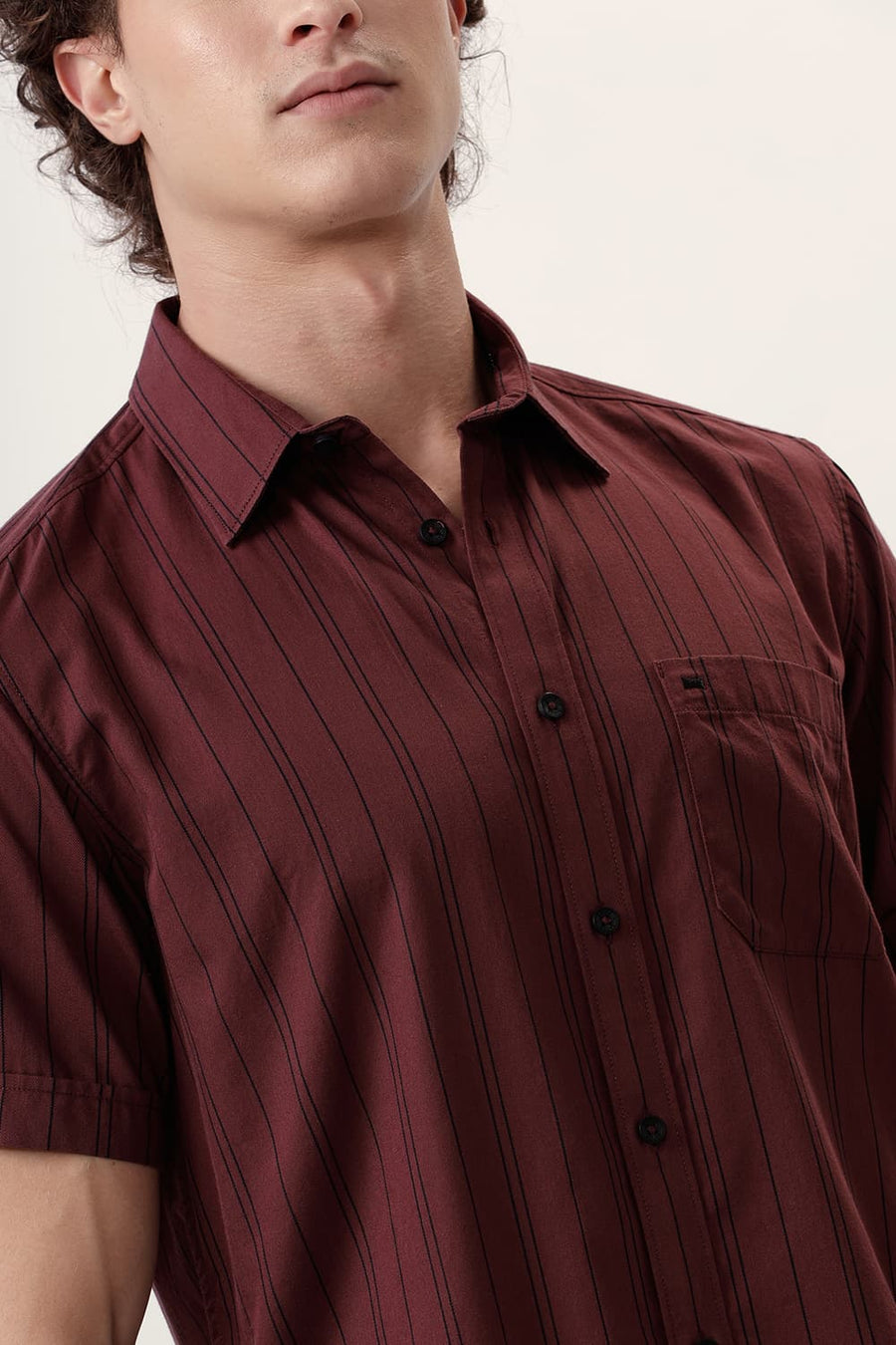BASICS SLIM FIT MAROON WINE COTTON TWILL STRIPE HALFSLEEVES SHIRT