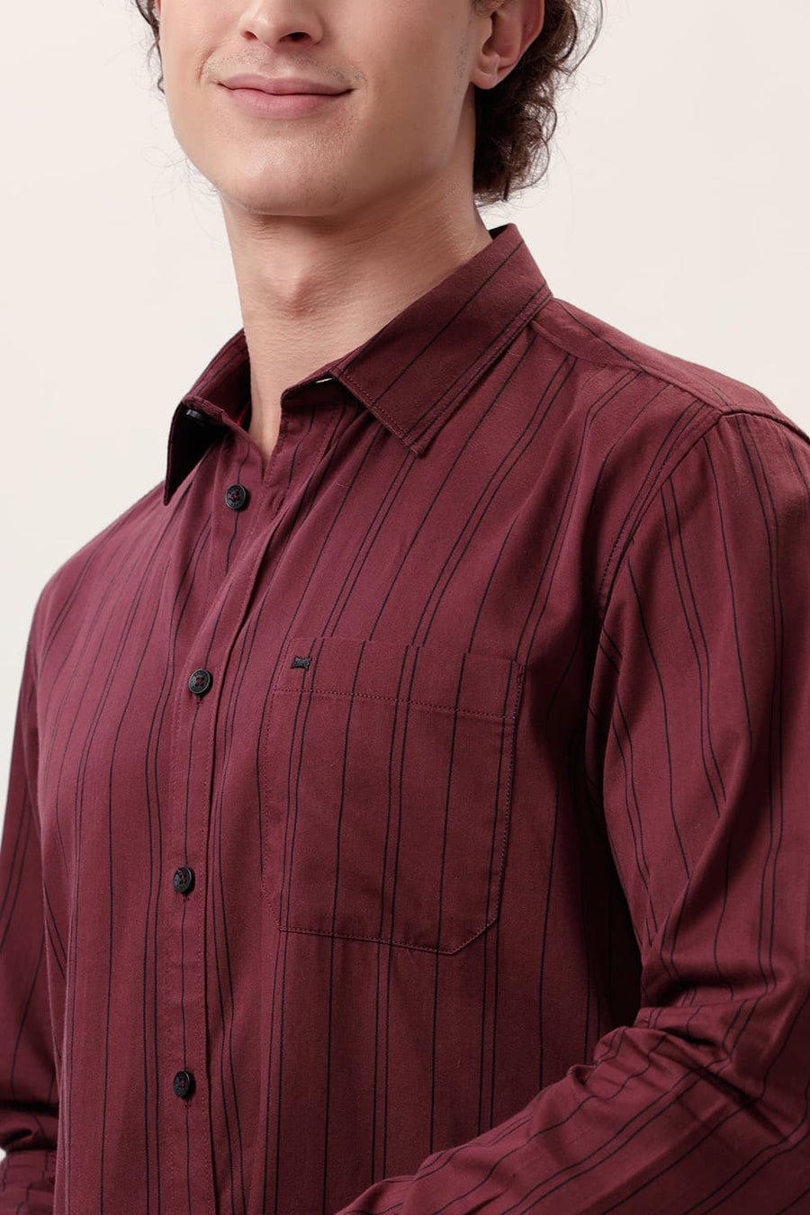 BASICS SLIM FIT MAROON WINE COTTON TWILL STRIPE SHIRT