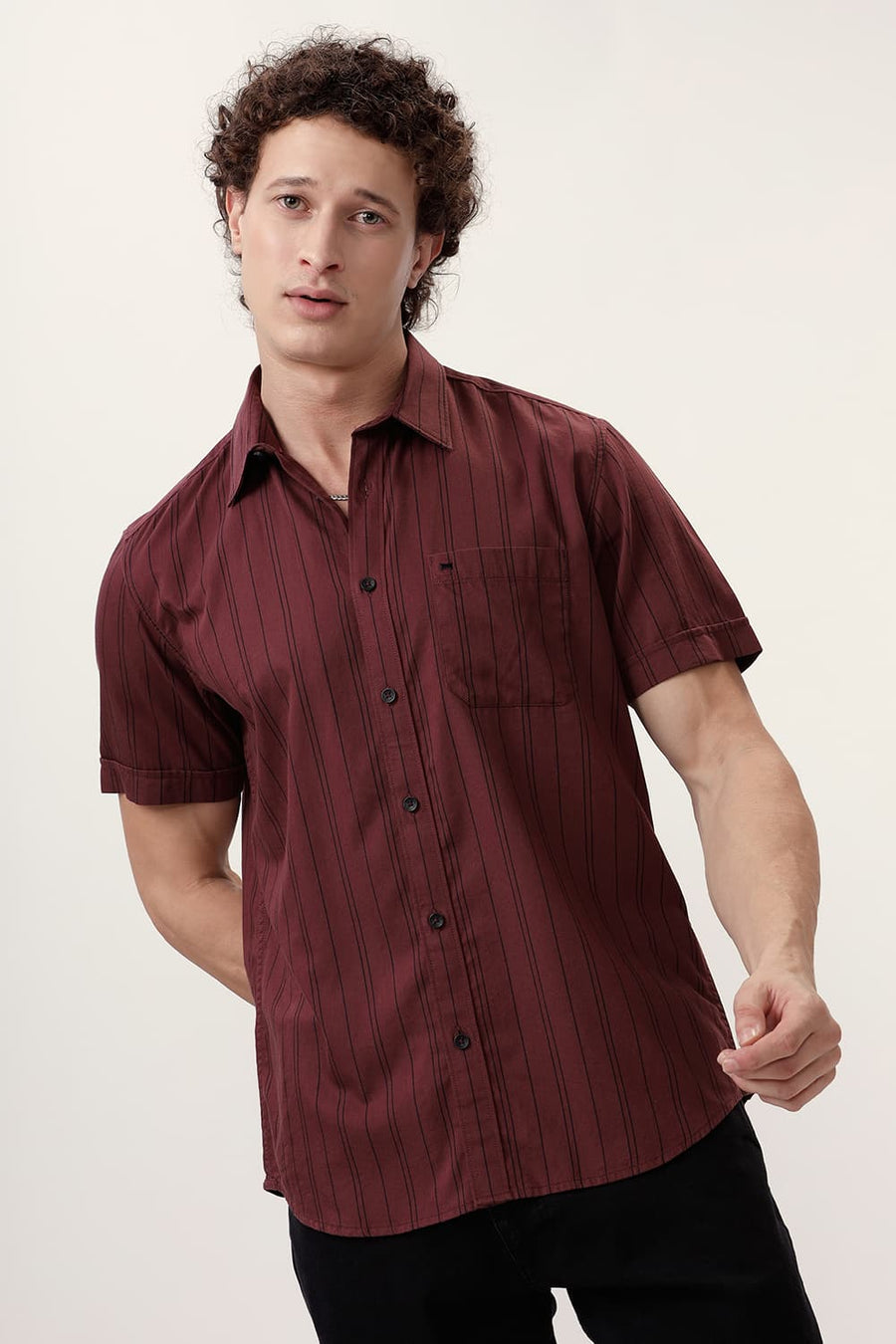 BASICS SLIM FIT MAROON WINE COTTON TWILL STRIPE HALFSLEEVES SHIRT