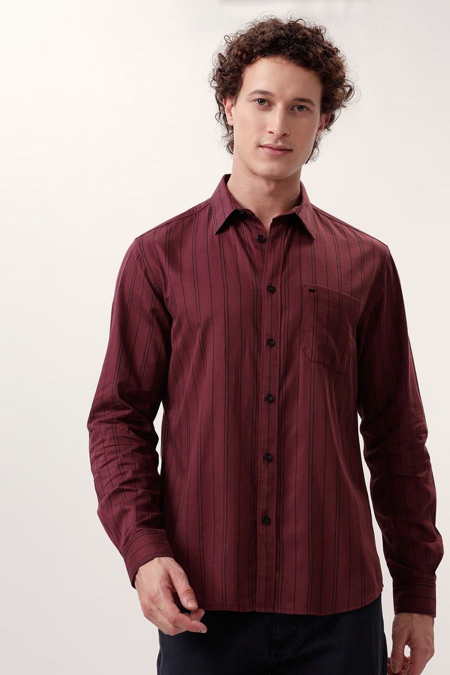 BASICS SLIM FIT MAROON WINE COTTON TWILL STRIPE SHIRT