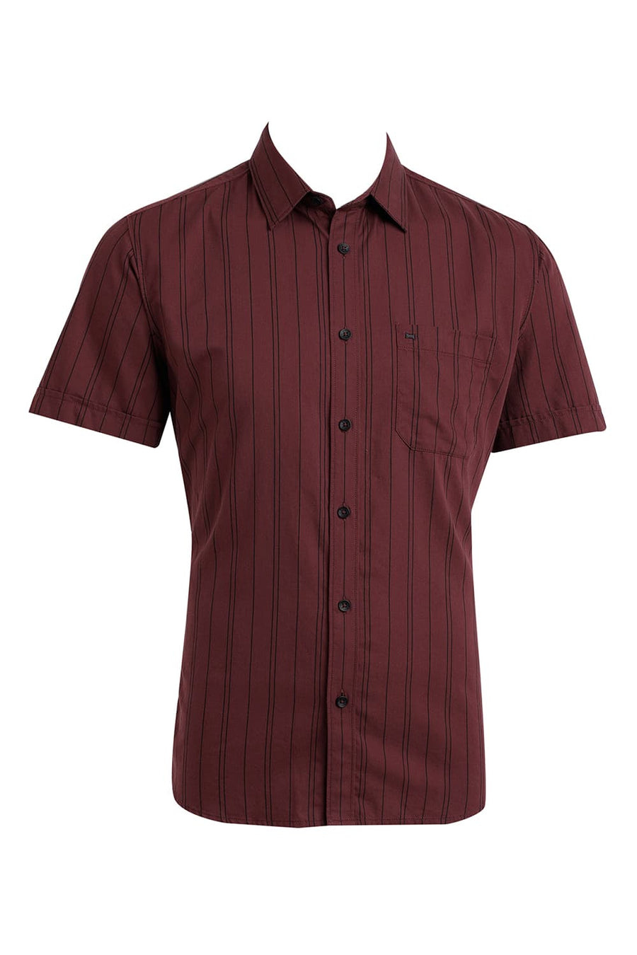 BASICS SLIM FIT MAROON WINE COTTON TWILL STRIPE HALFSLEEVES SHIRT