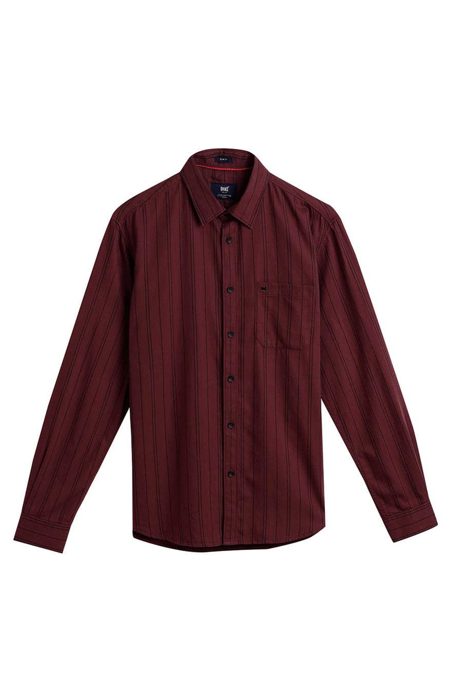 BASICS SLIM FIT MAROON WINE COTTON TWILL STRIPE SHIRT
