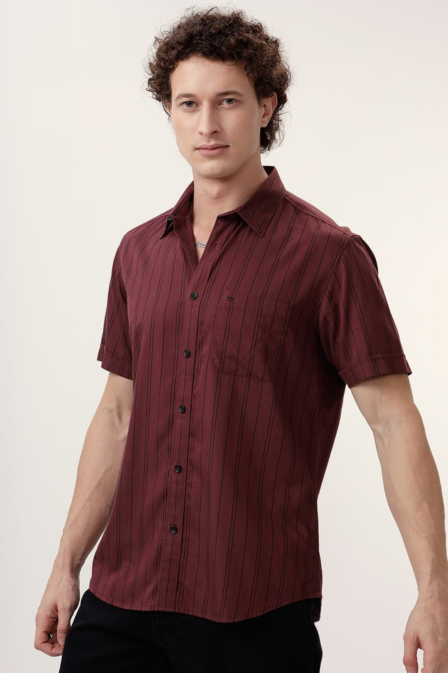 BASICS SLIM FIT MAROON WINE COTTON TWILL STRIPE HALFSLEEVES SHIRT