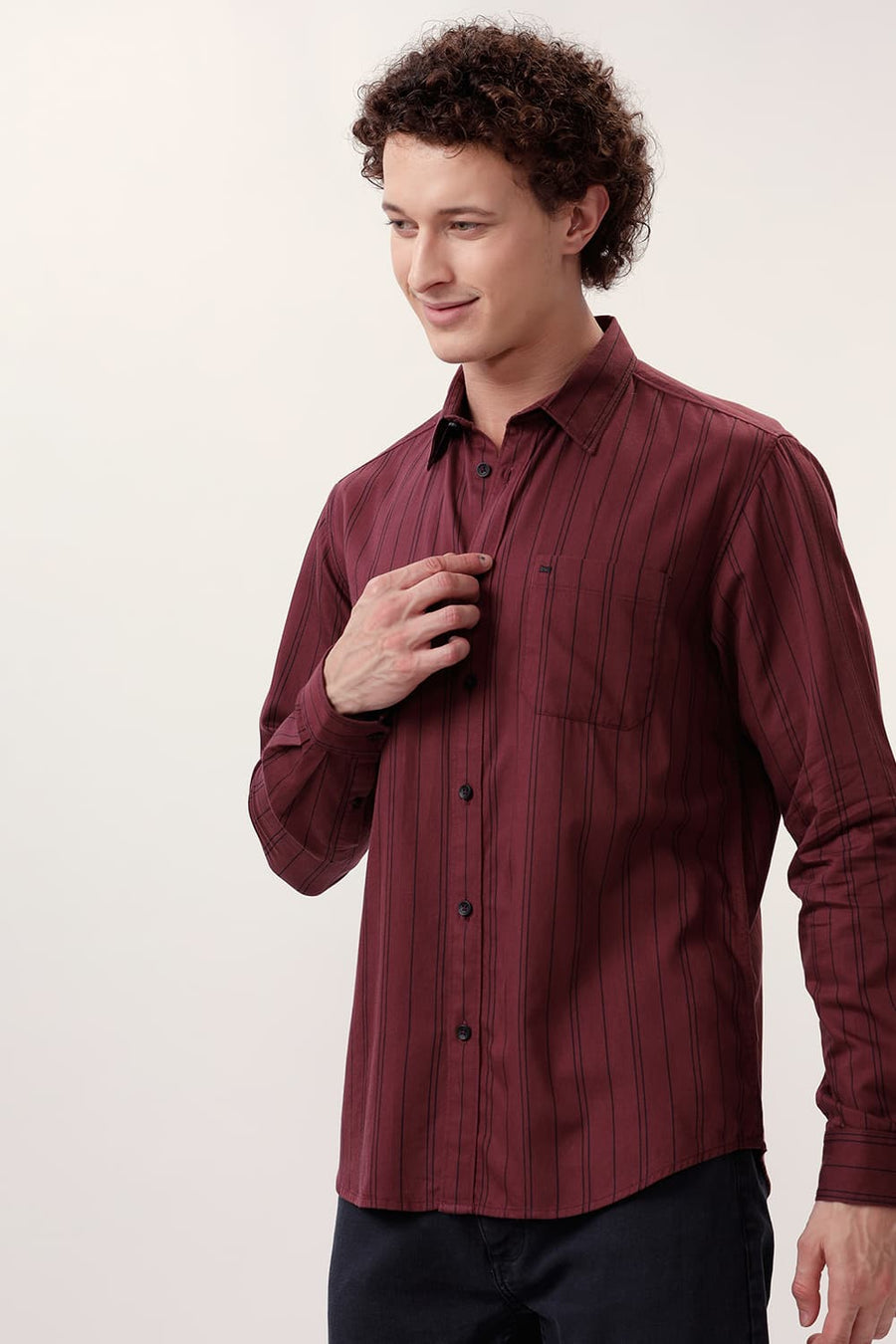 BASICS SLIM FIT MAROON WINE COTTON TWILL STRIPE SHIRT