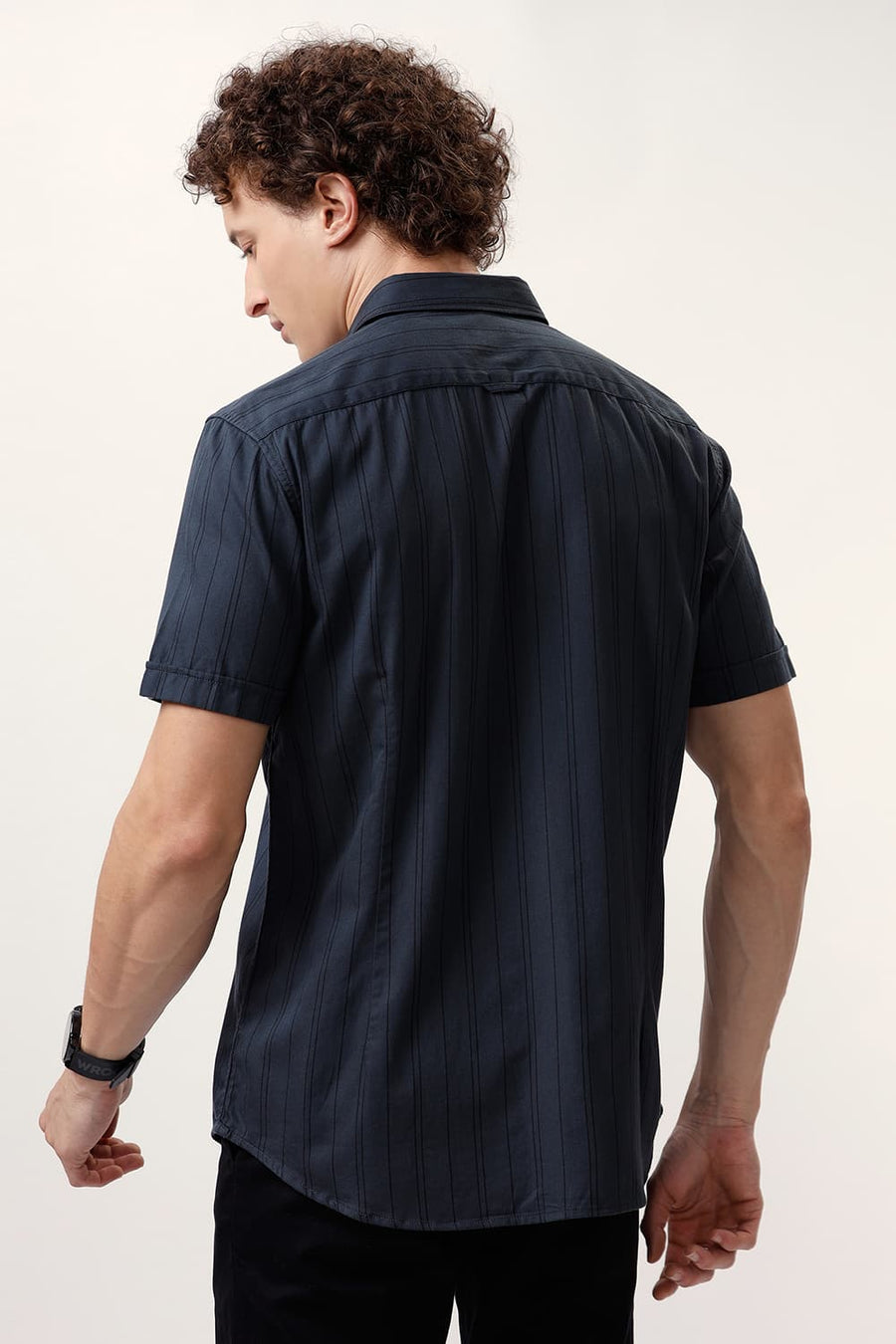BASICS SLIM FIT ANTHRACITE GREY COTTON TWILL STRIPE HALFSLEEVES SHIRT