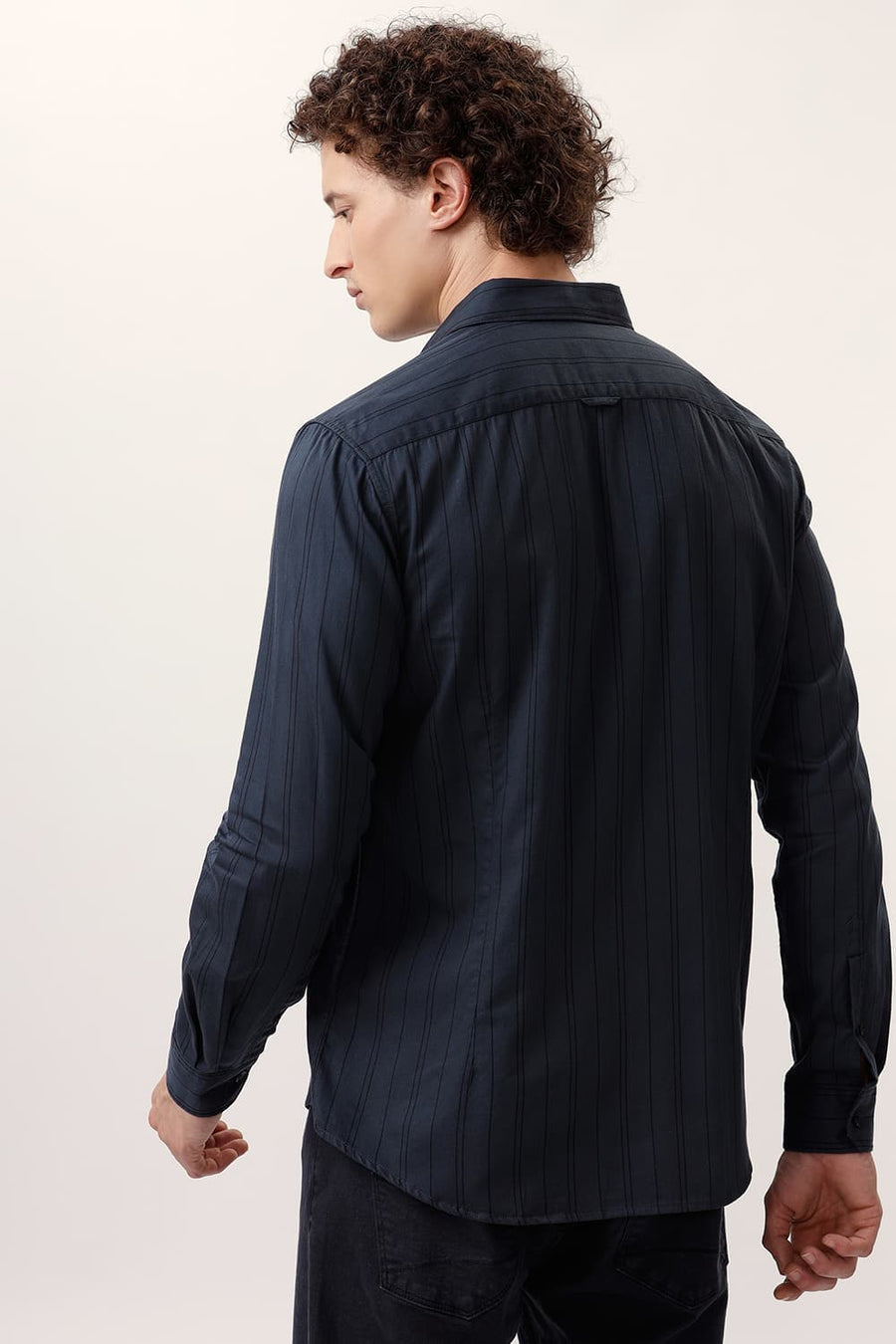 BASICS SLIM FIT ANTHRACITE GREY COTTON TWILL STRIPE SHIRT