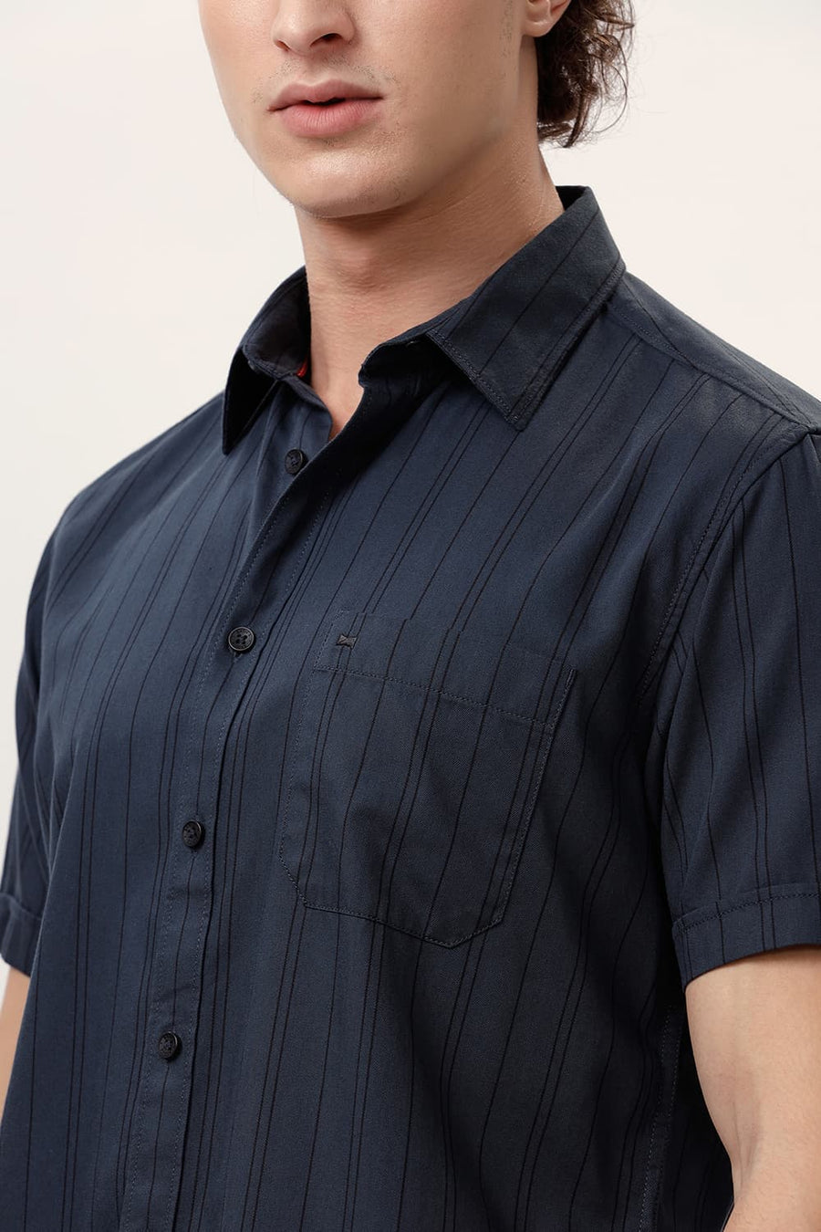 BASICS SLIM FIT ANTHRACITE GREY COTTON TWILL STRIPE HALFSLEEVES SHIRT