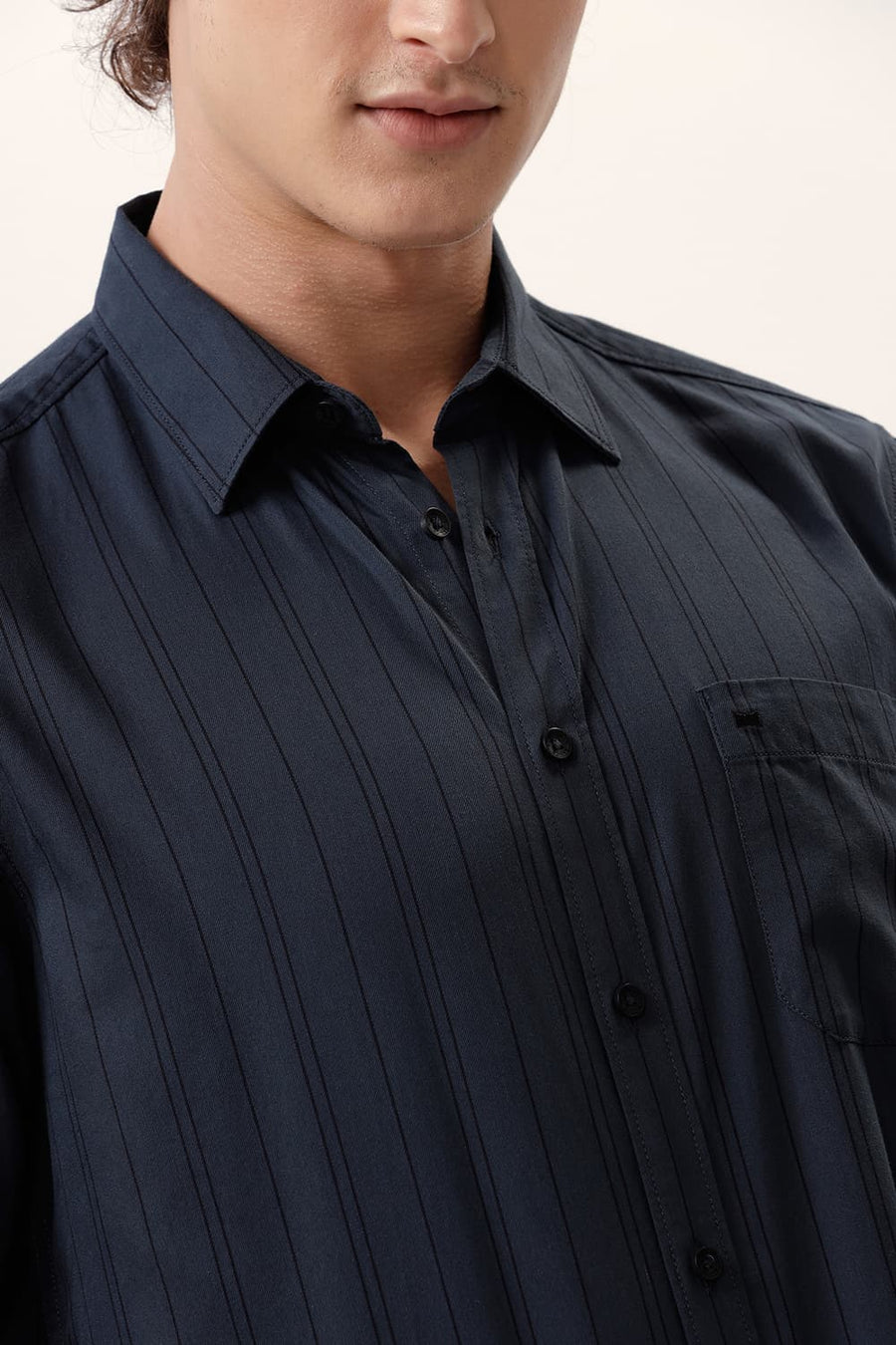 BASICS SLIM FIT ANTHRACITE GREY COTTON TWILL STRIPE SHIRT
