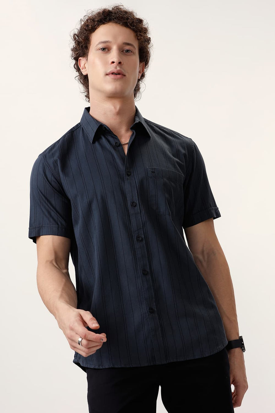 BASICS SLIM FIT ANTHRACITE GREY COTTON TWILL STRIPE HALFSLEEVES SHIRT