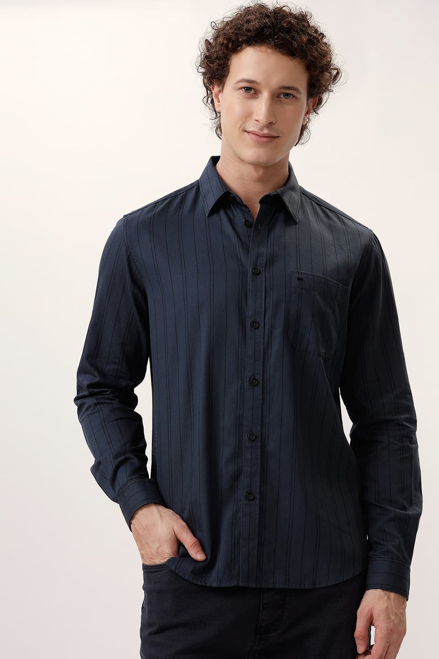 BASICS SLIM FIT ANTHRACITE GREY COTTON TWILL STRIPE SHIRT