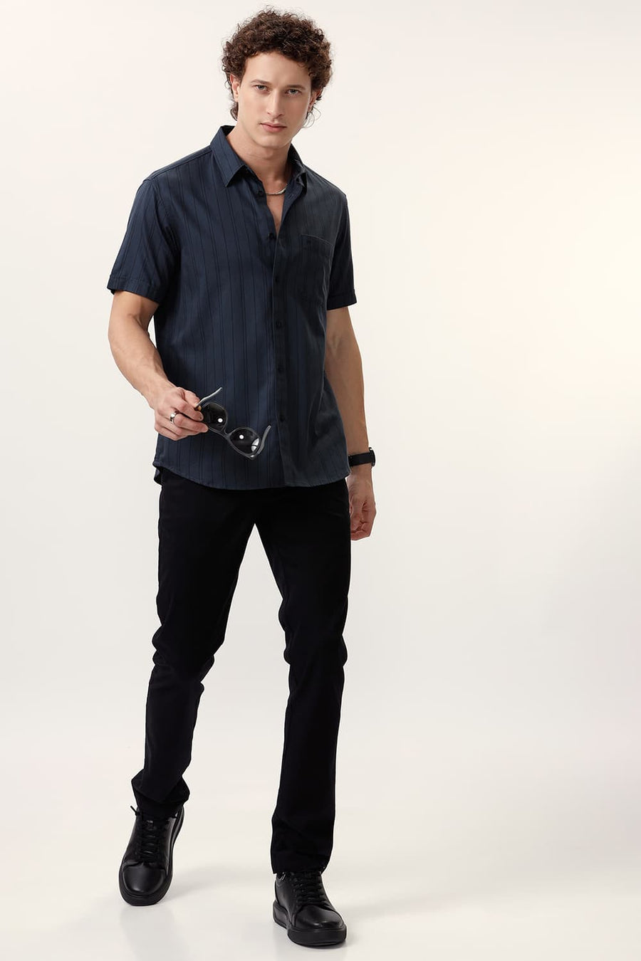 BASICS SLIM FIT ANTHRACITE GREY COTTON TWILL STRIPE HALFSLEEVES SHIRT