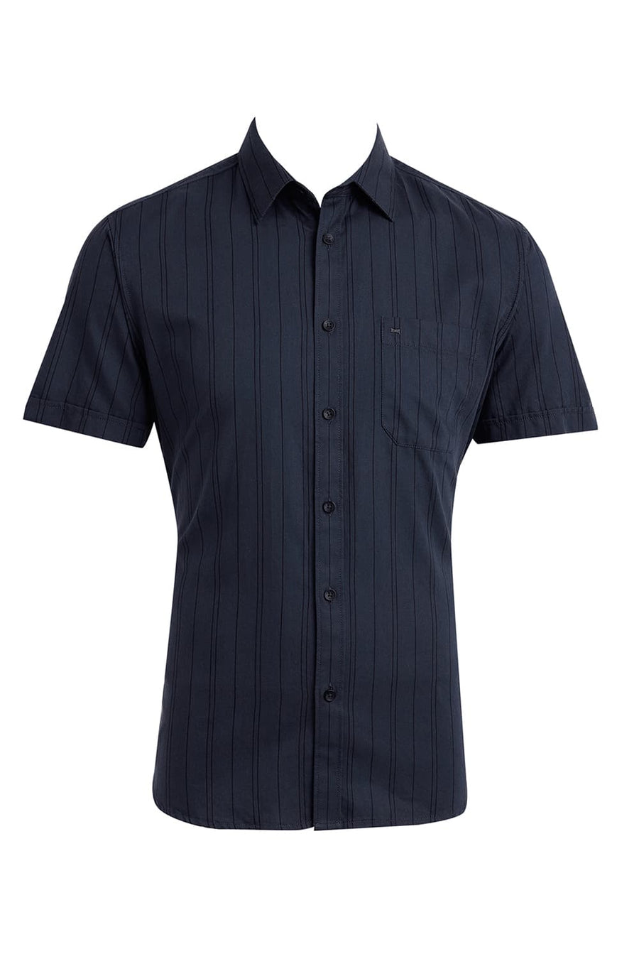 BASICS SLIM FIT ANTHRACITE GREY COTTON TWILL STRIPE HALFSLEEVES SHIRT