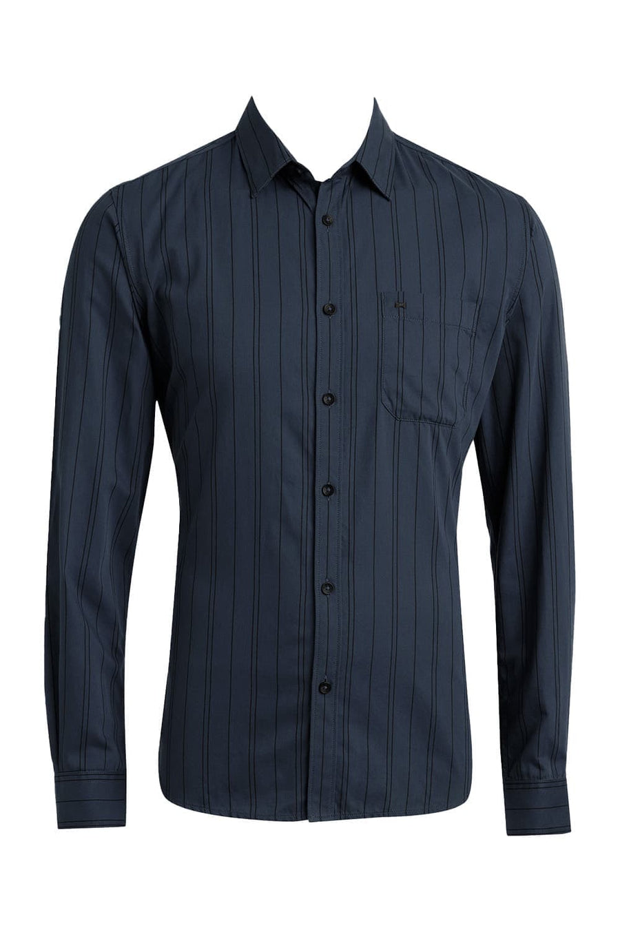 BASICS SLIM FIT ANTHRACITE GREY COTTON TWILL STRIPE SHIRT