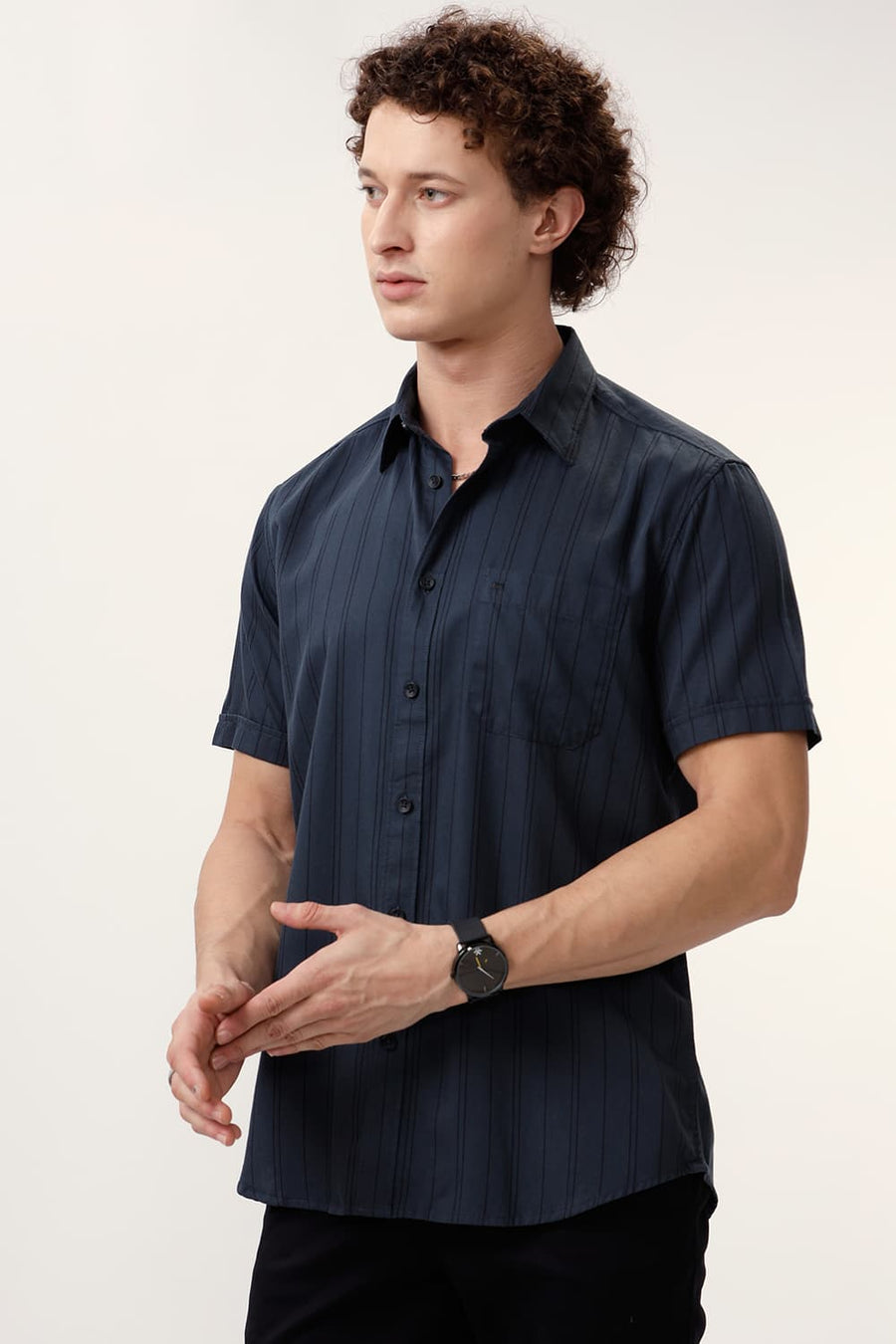 BASICS SLIM FIT ANTHRACITE GREY COTTON TWILL STRIPE HALFSLEEVES SHIRT