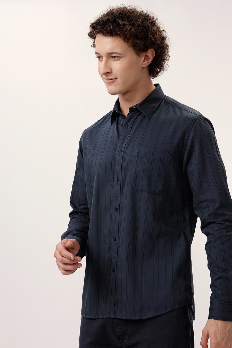 BASICS SLIM FIT ANTHRACITE GREY COTTON TWILL STRIPE SHIRT