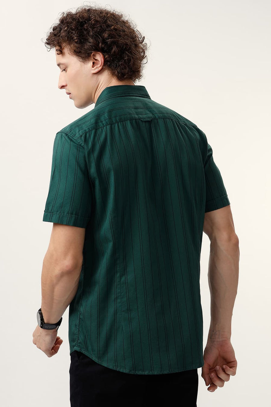 BASICS SLIM FIT PINE GREEN COTTON TWILL STRIPE HALFSLEEVES SHIRT